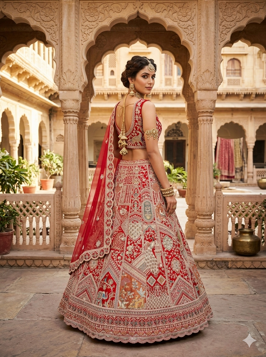Red - Embroidered Bridal Lehenga Choli & Dupatta