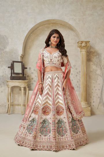 Premium Cream Embroidered Lehenga - Kesar Fab