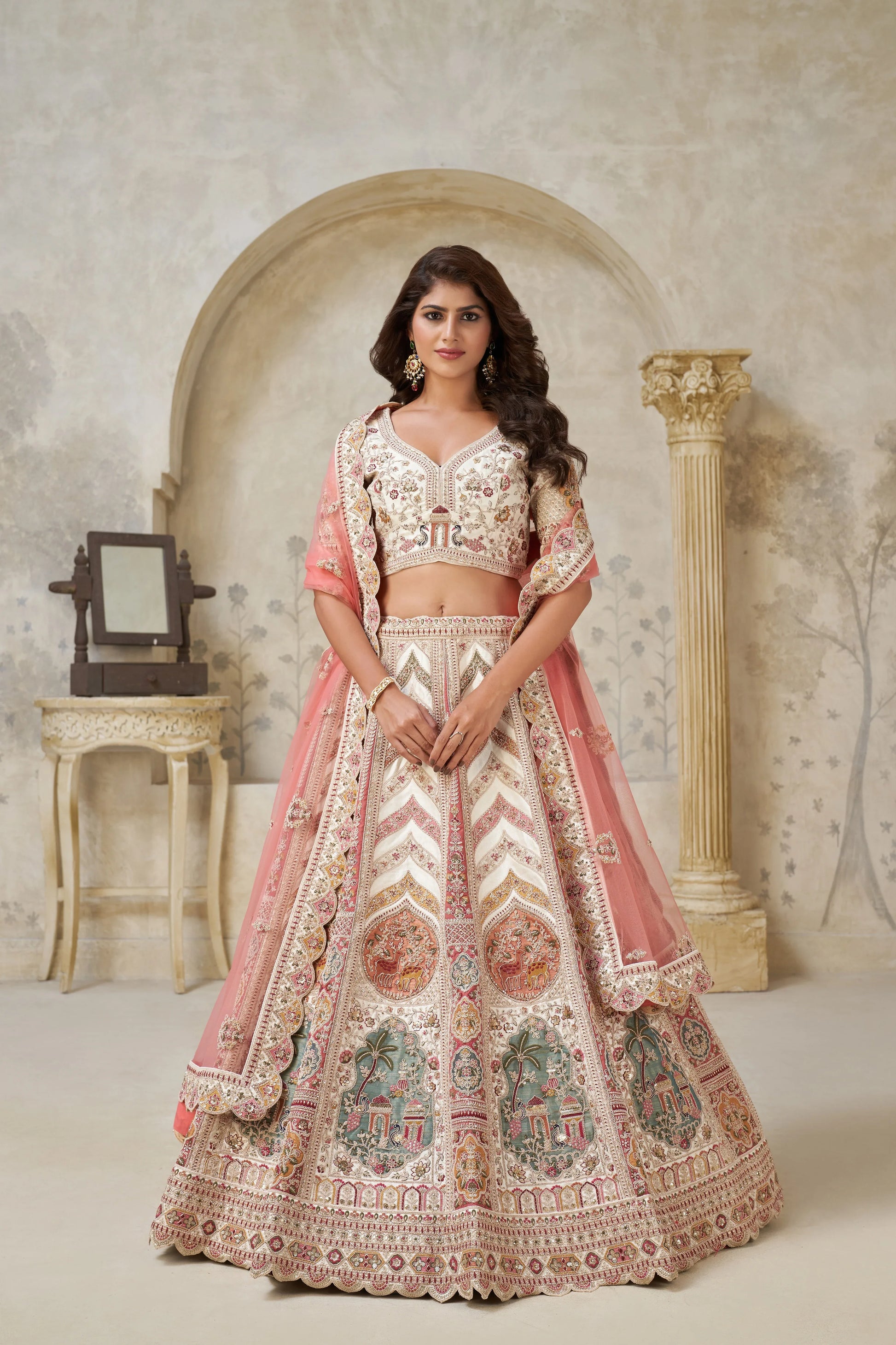 Premium Cream Embroidered Lehenga - Kesar Fab