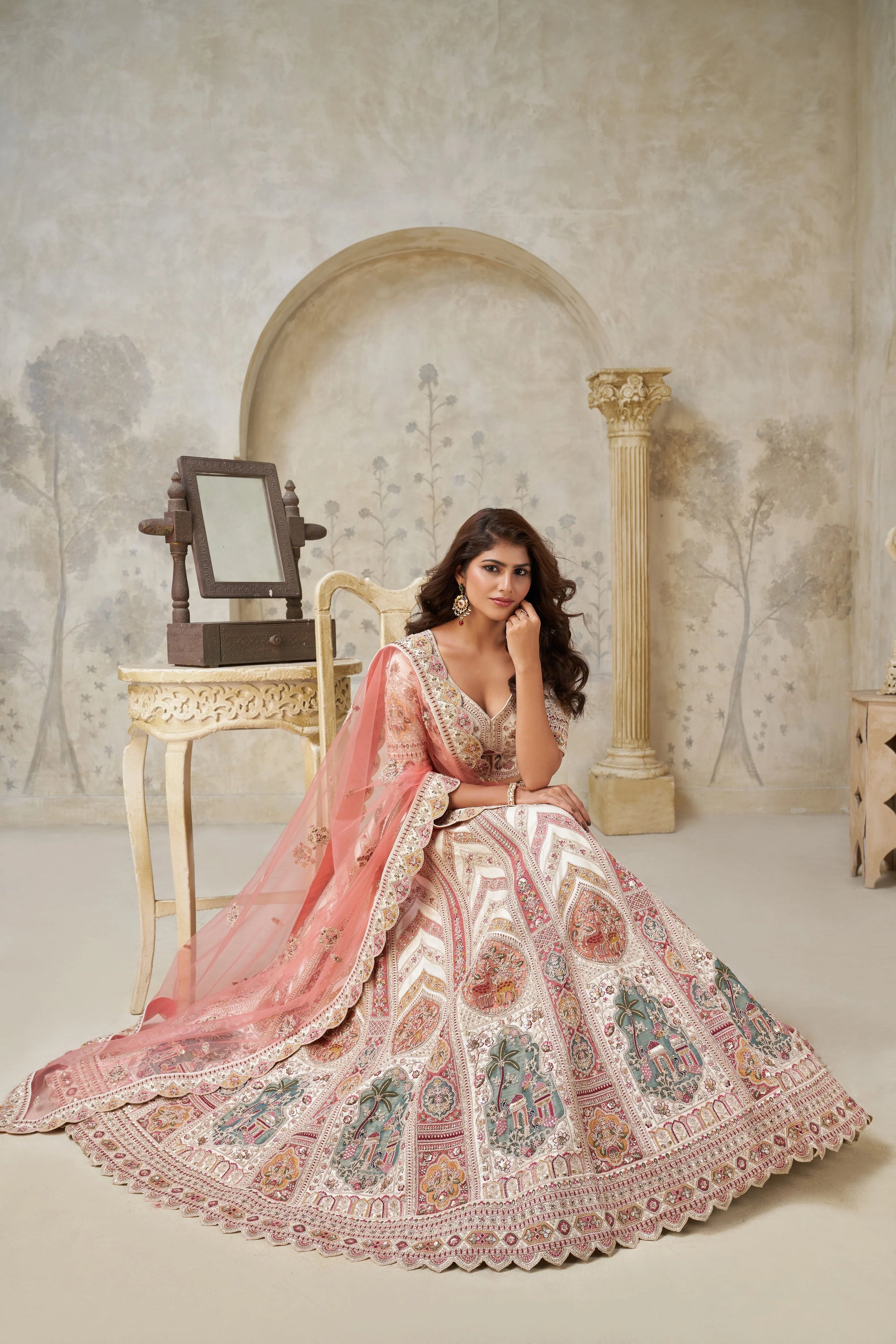 Premium Cream Embroidered Lehenga - Kesar Fab