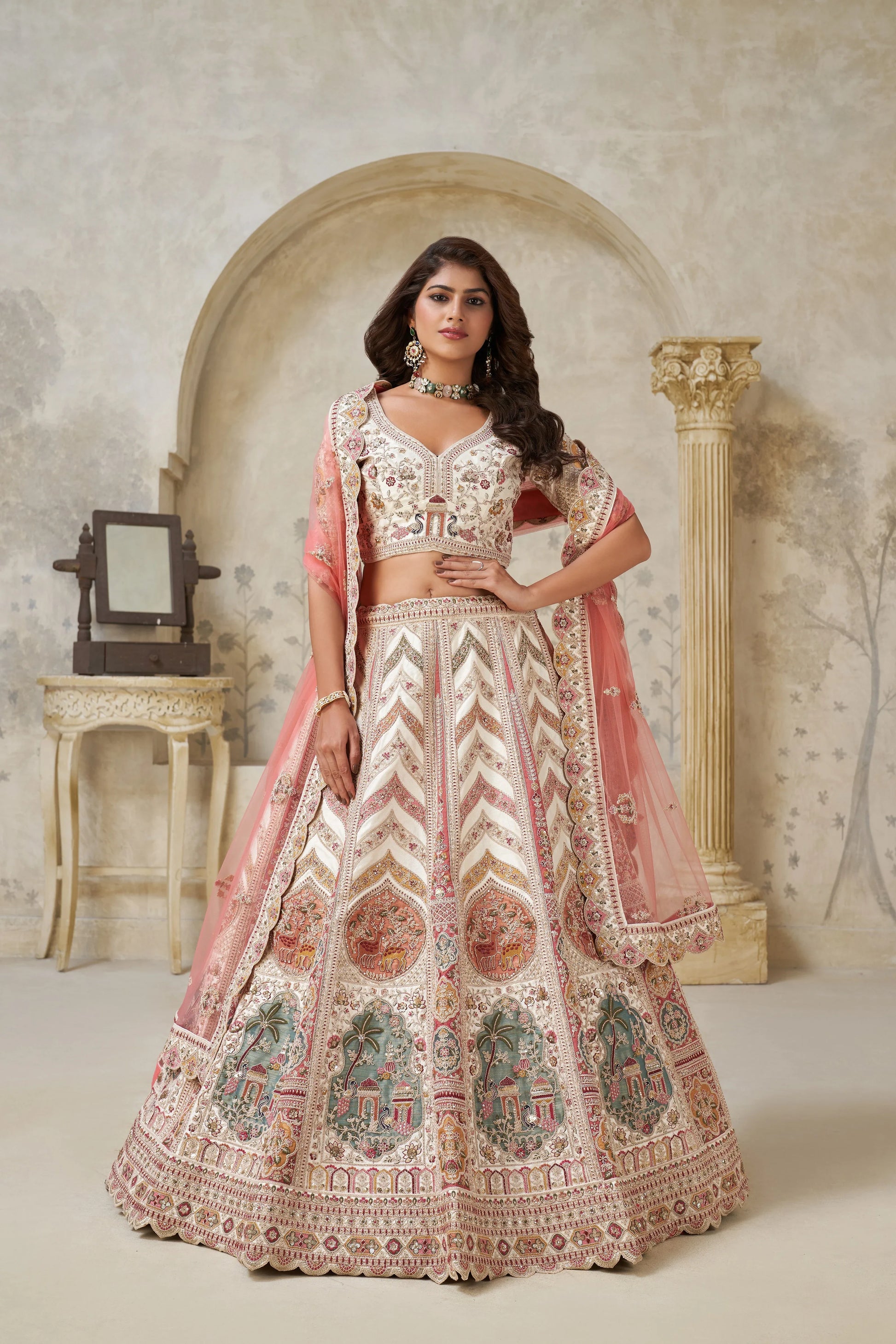 Premium Cream Embroidered Lehenga - Kesar Fab