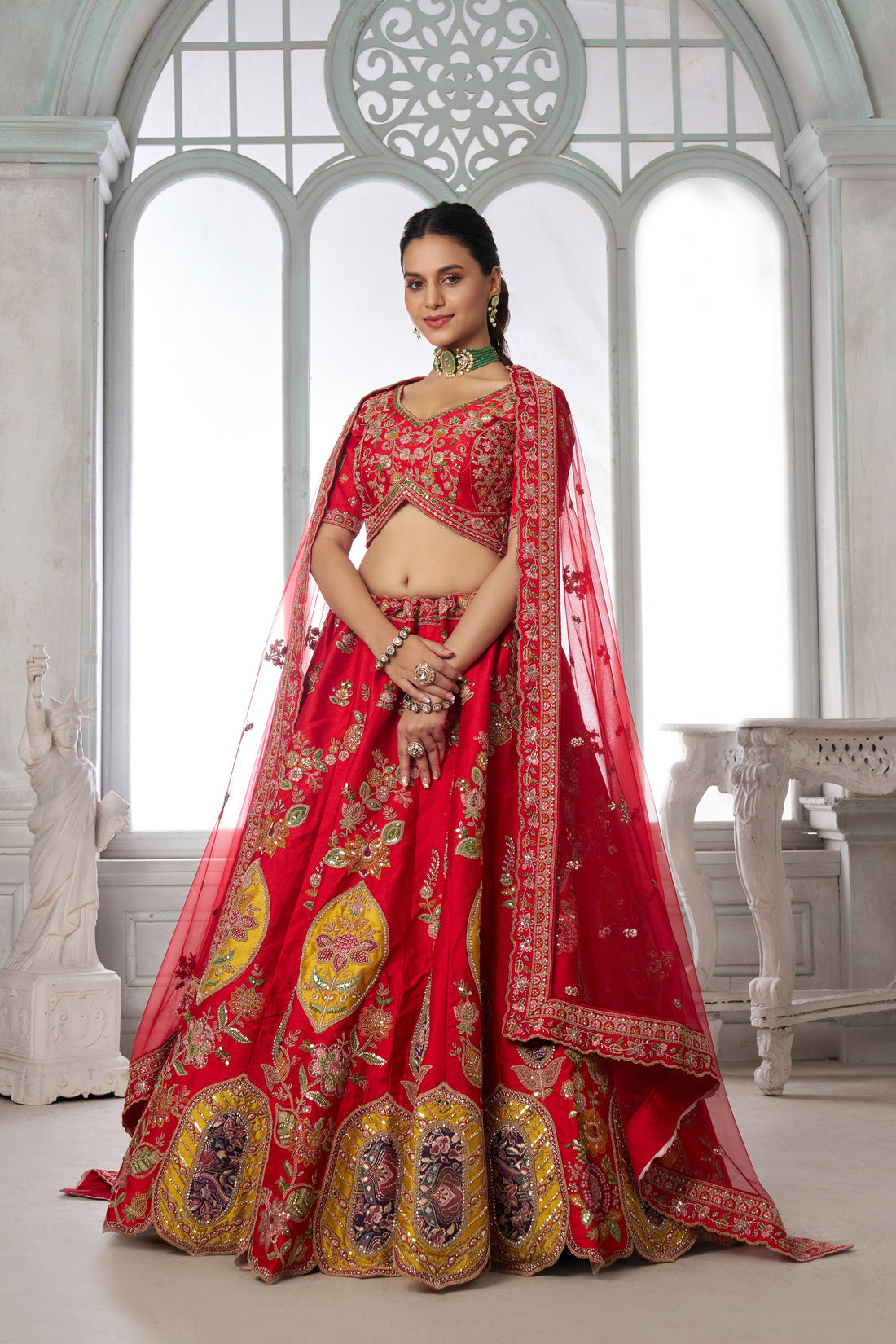 Red Heritage Multicolor Embroidered Bridal Lehenga Choli