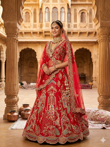 Traditional Red Bridal Lehenga in Pure Raw Silk