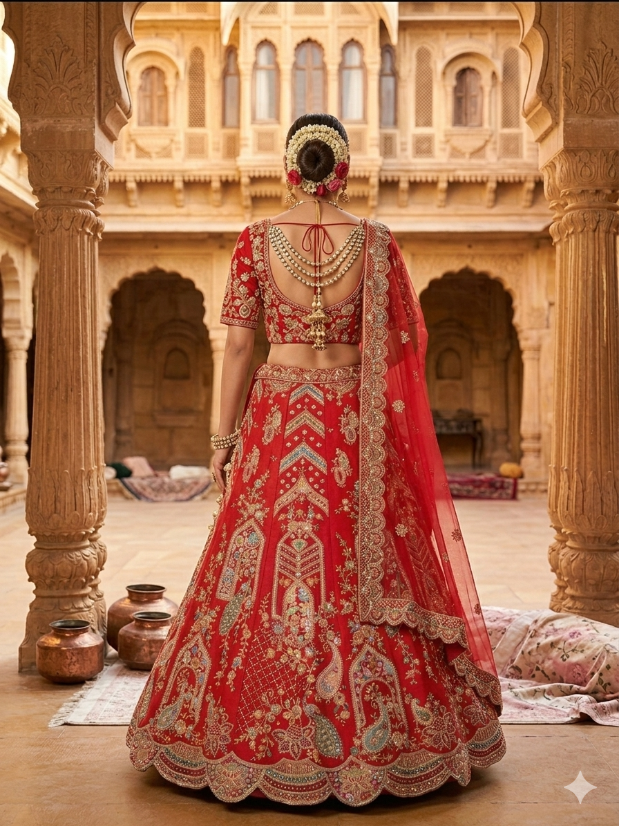 Traditional Red Bridal Lehenga in Pure Raw Silk