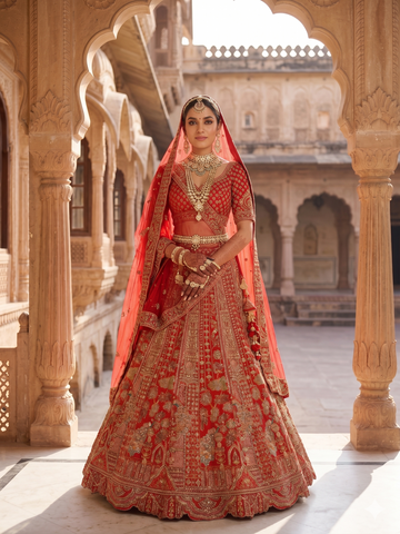 Red Raw Silk Wedding Lehenga Designed with Fine Work Couture