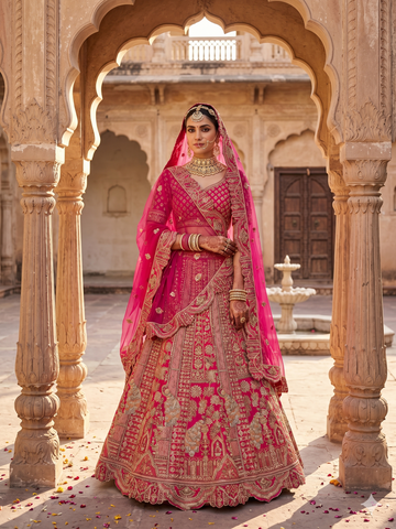 Rani Raw Silk Wedding Lehenga Designed with Fine Bead Couture