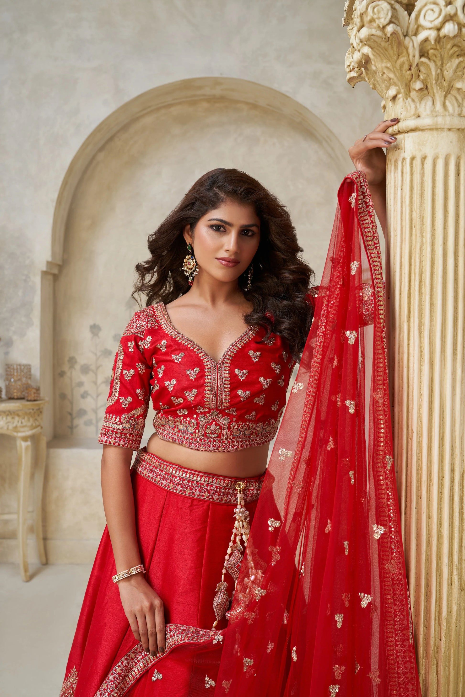 Red Banarasi Silk Embroidered Lehenga - Kesar Fab