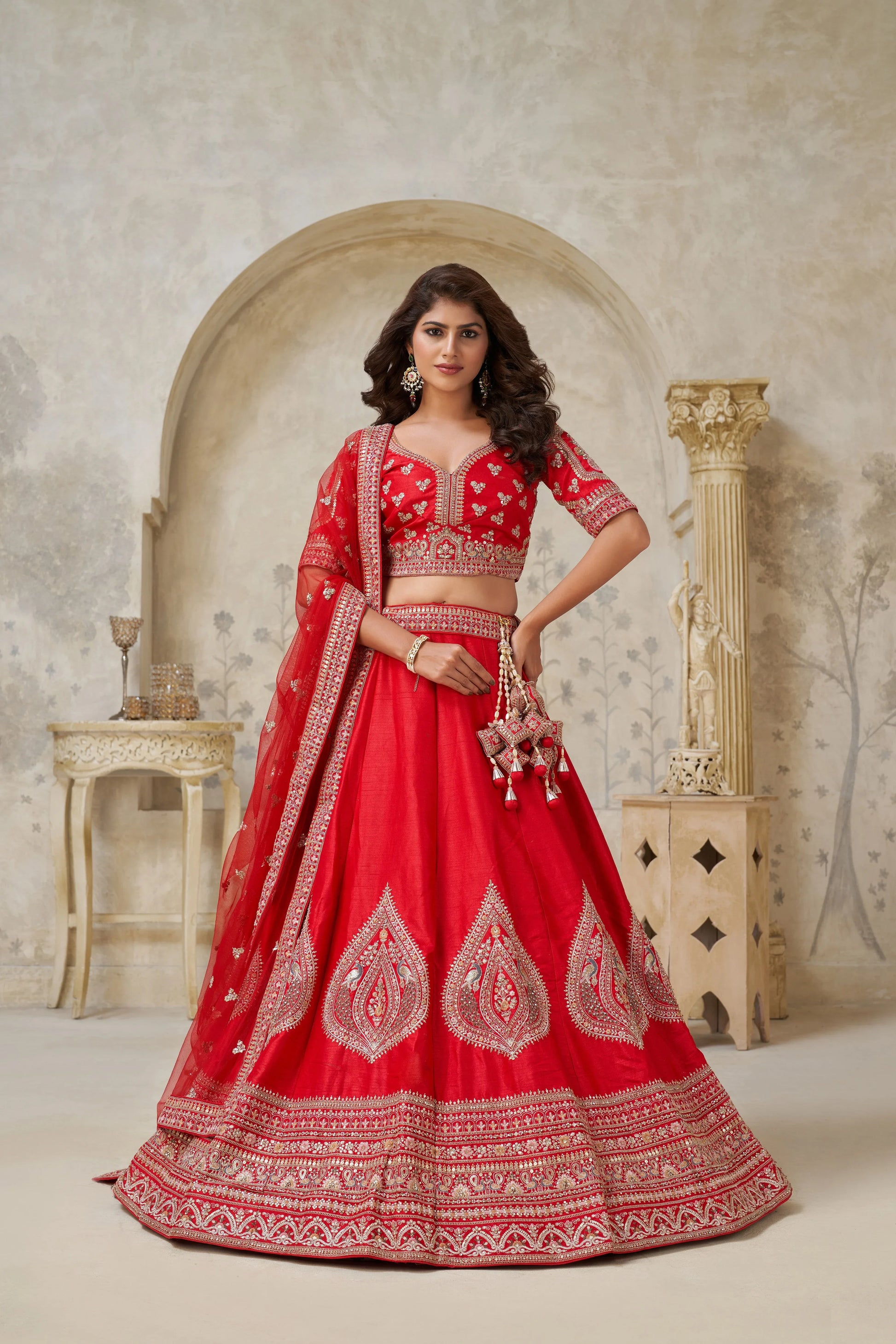 Red Banarasi Silk Embroidered Lehenga - Kesar Fab