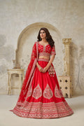 Red Banarasi Silk Embroidered Lehenga - Kesar Fab