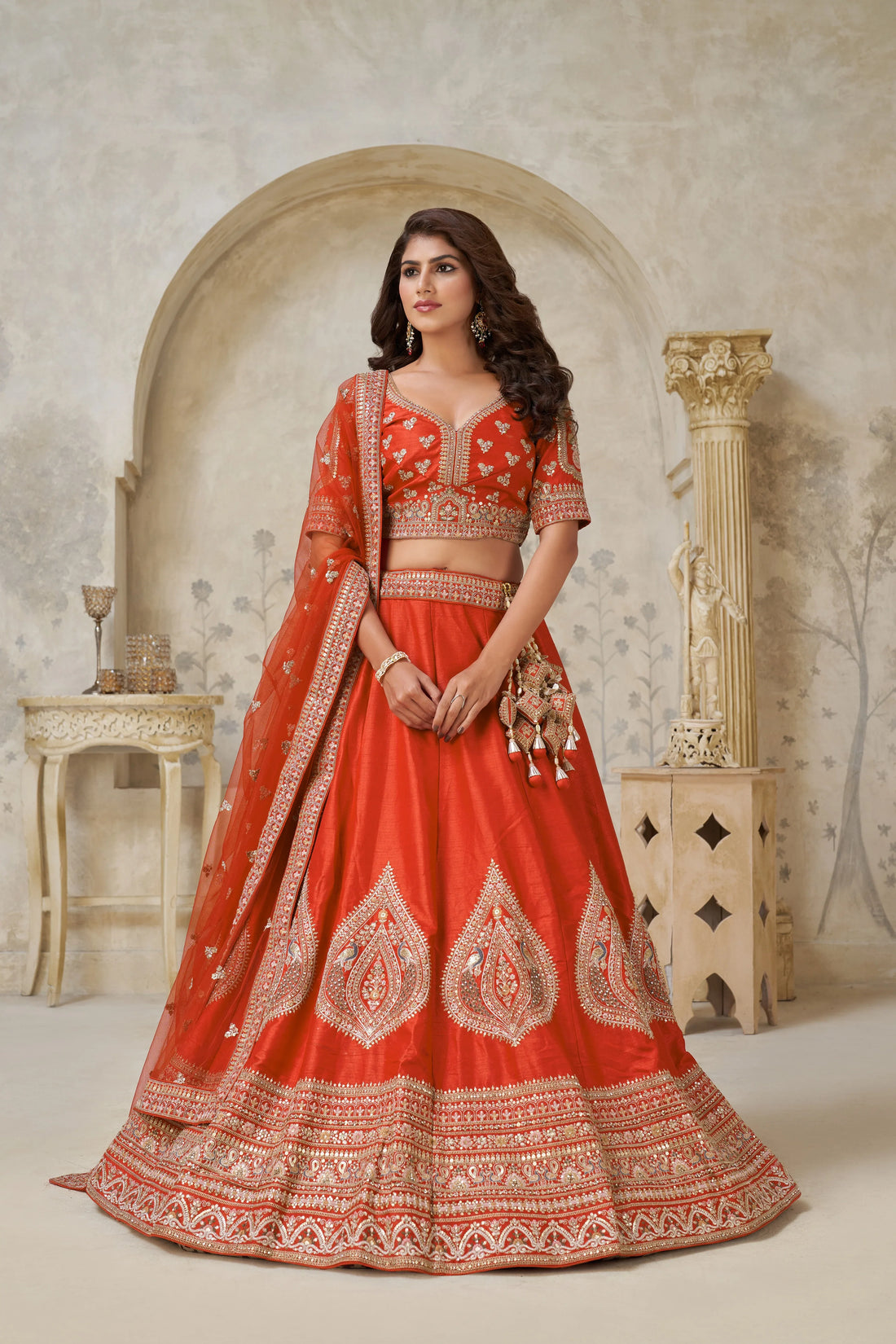 Rust Banarasi Silk Embroidered Lehenga - Kesar Fab