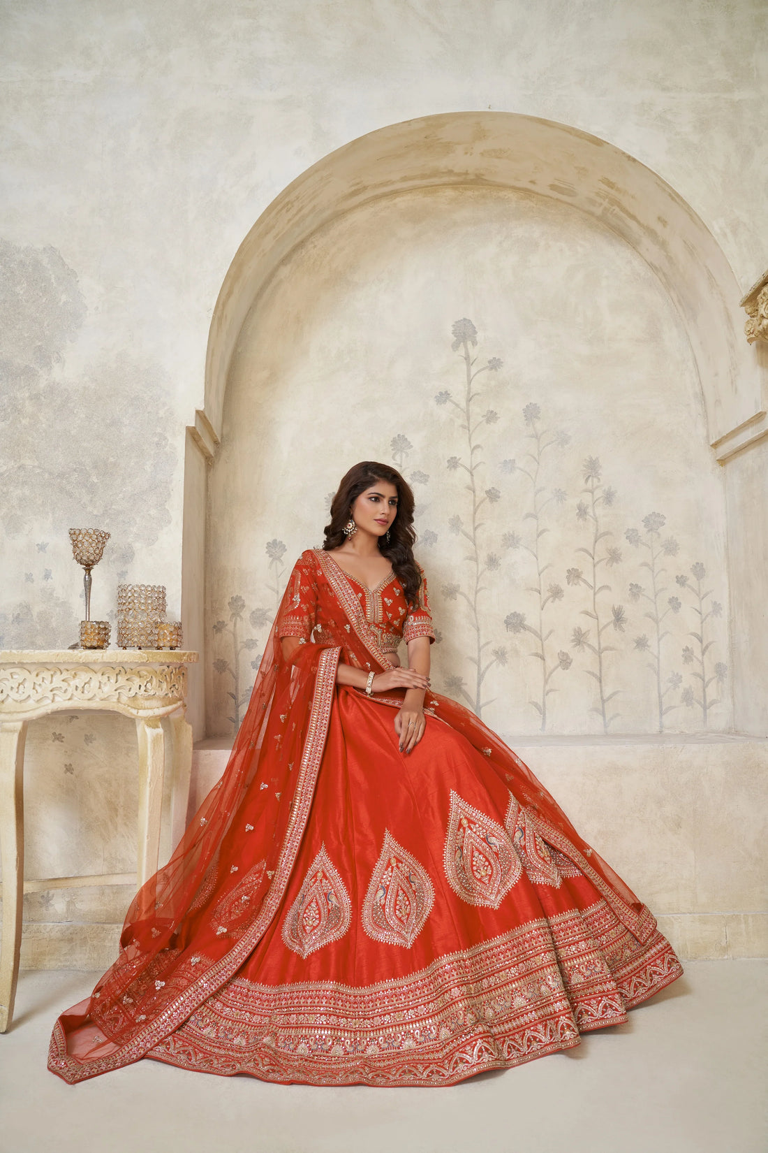 Rust Banarasi Silk Embroidered Lehenga - Kesar Fab