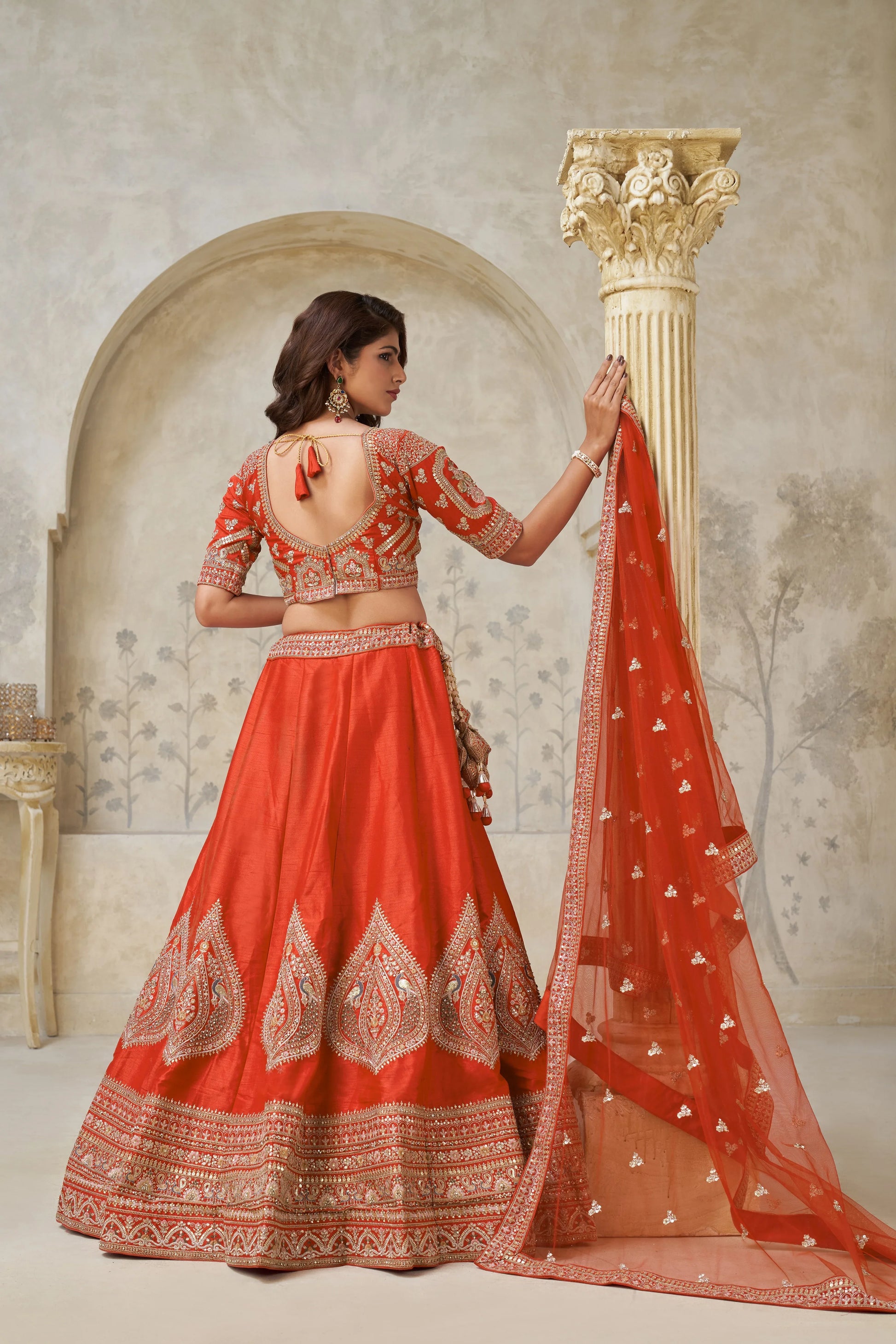 Rust Banarasi Silk Embroidered Lehenga - Kesar Fab