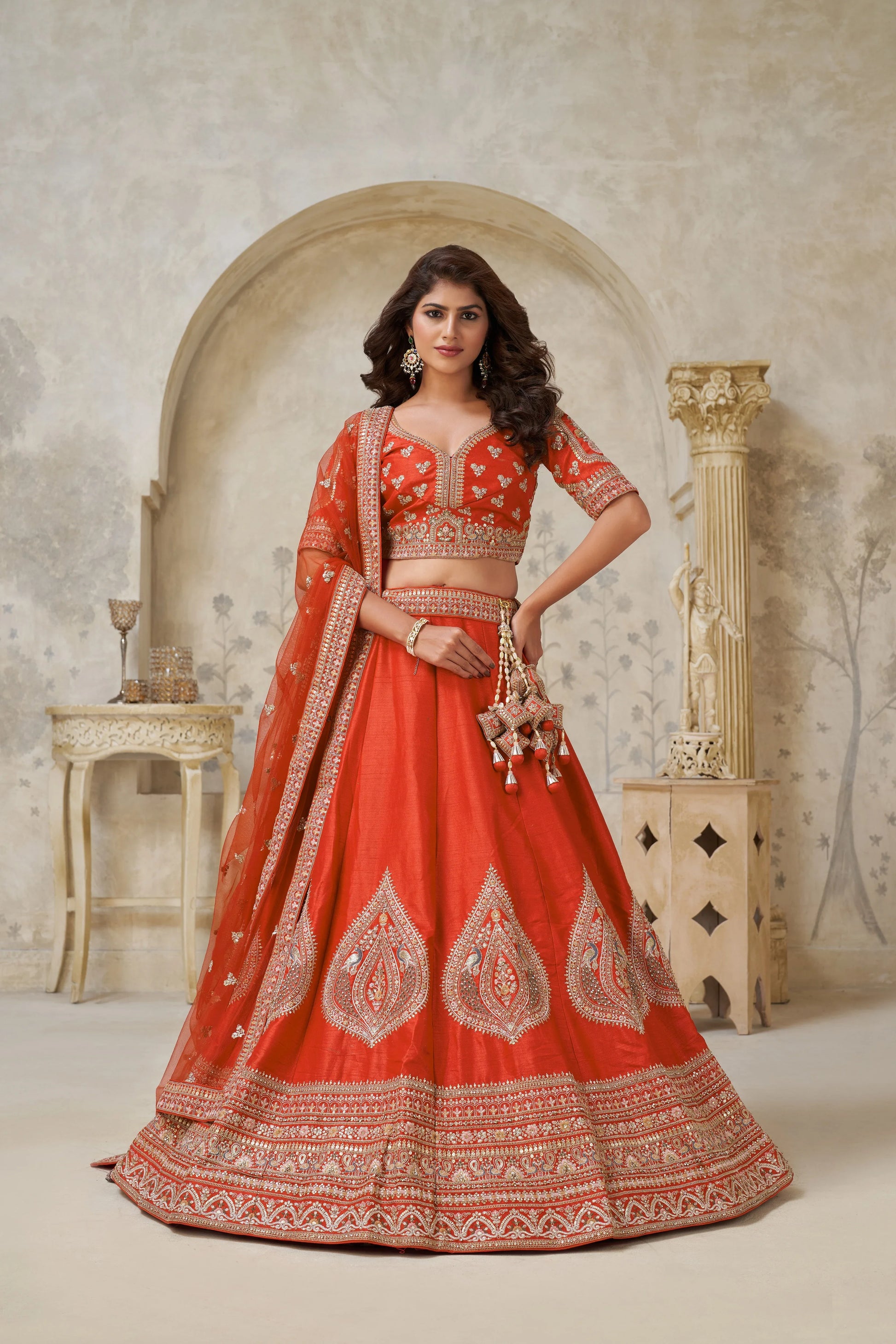 Rust Banarasi Silk Embroidered Lehenga - Kesar Fab