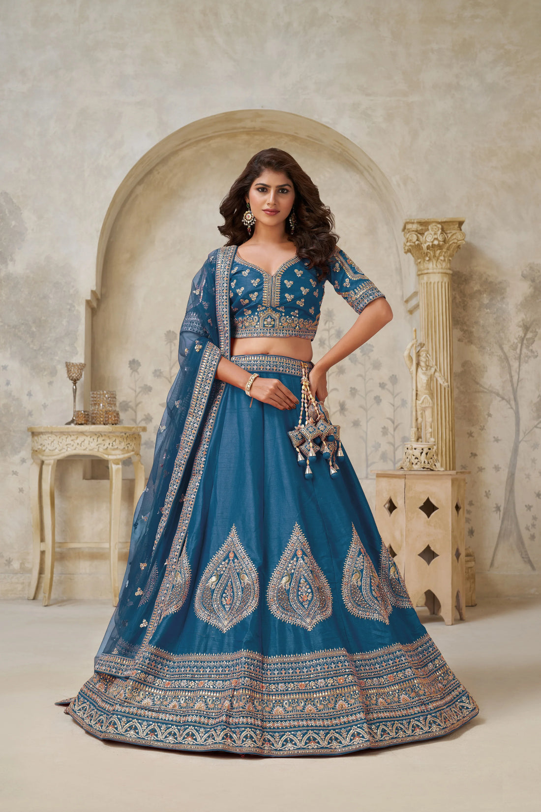 Teal blue Banarasi Silk Embroidered Lehenga - Kesar Fab