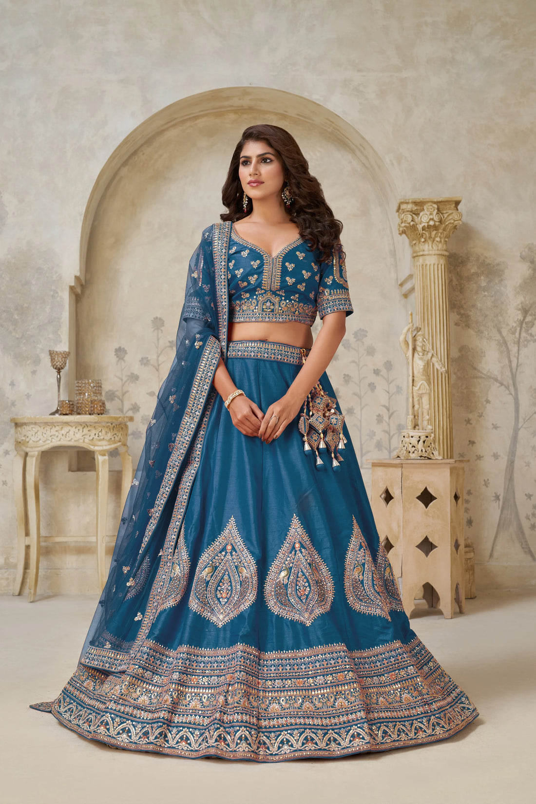 Teal blue Banarasi Silk Embroidered Lehenga - Kesar Fab