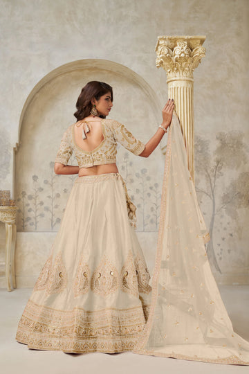 Cream Banarasi Silk Embroidered Lehenga - Kesar Fab