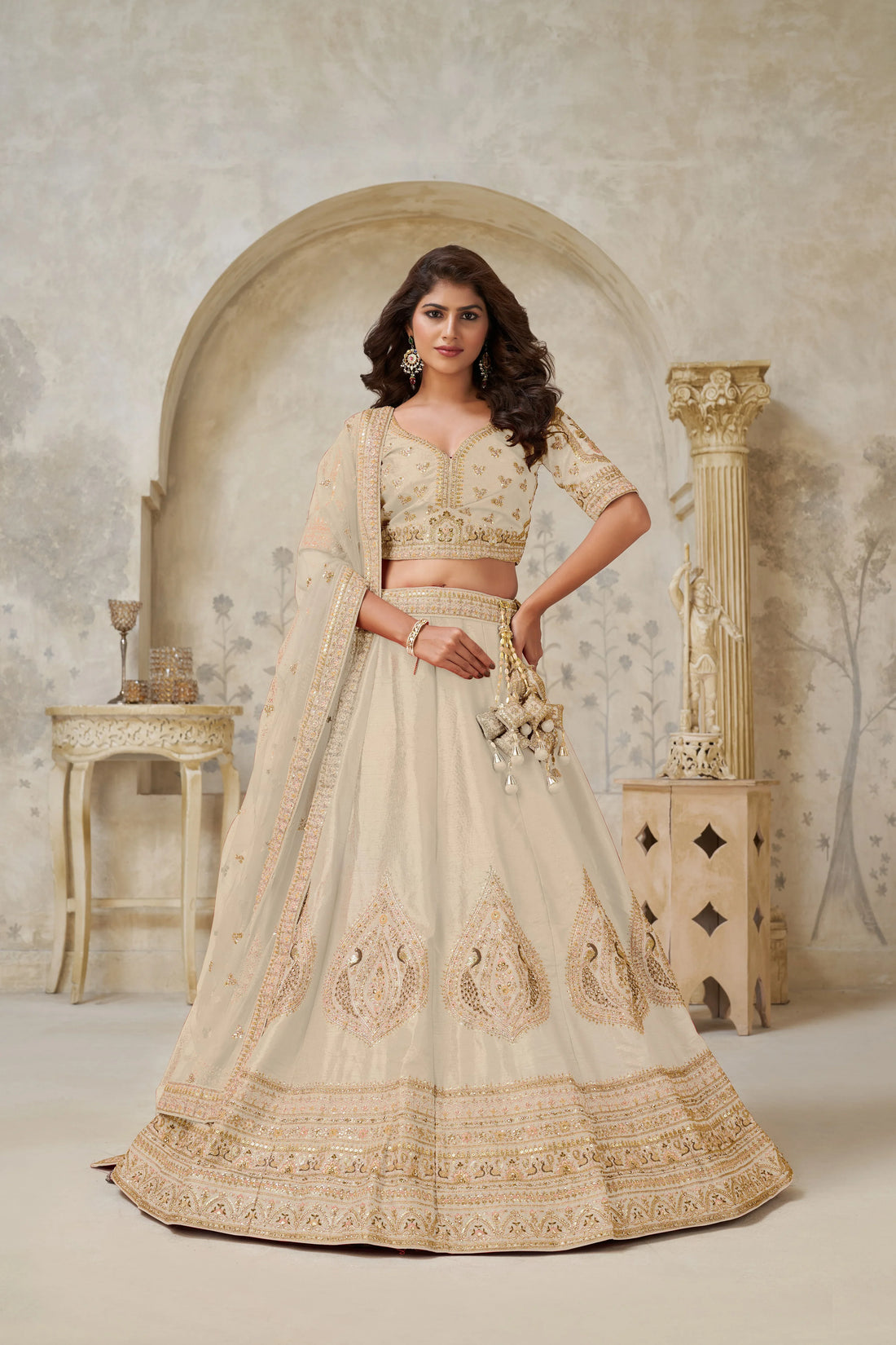Cream Banarasi Silk Embroidered Lehenga - Kesar Fab