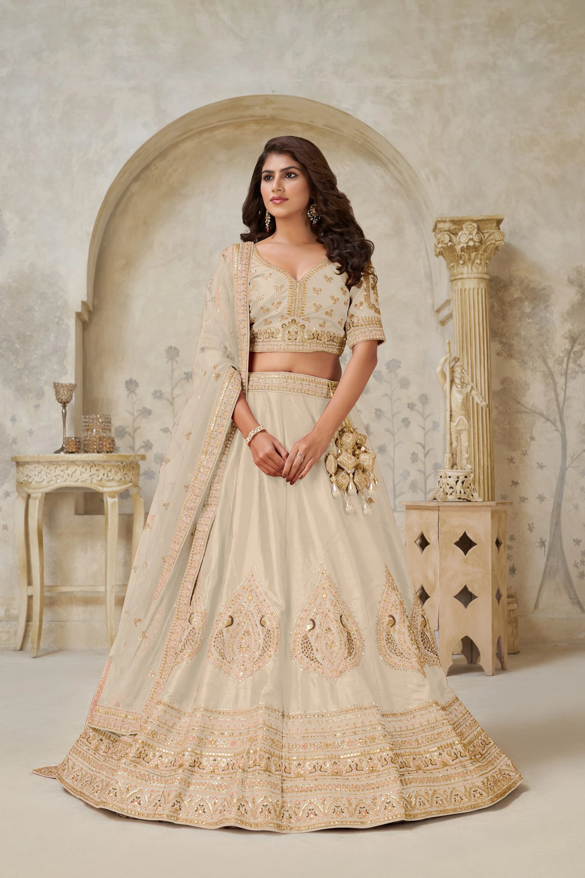 Cream Banarasi Silk Embroidered Lehenga - Kesar Fab