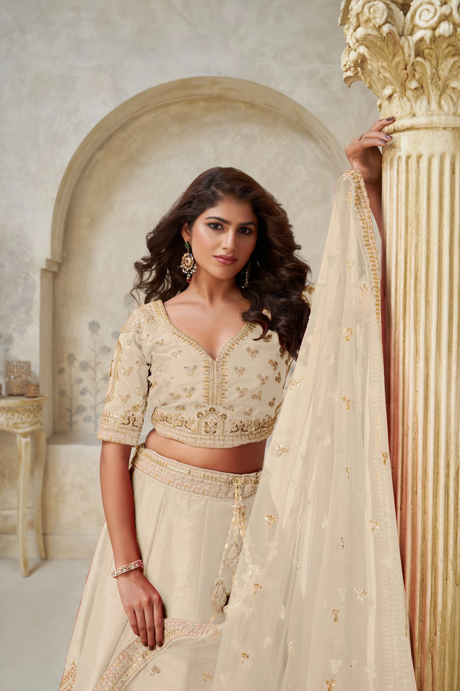 Cream Banarasi Silk Embroidered Lehenga - Kesar Fab