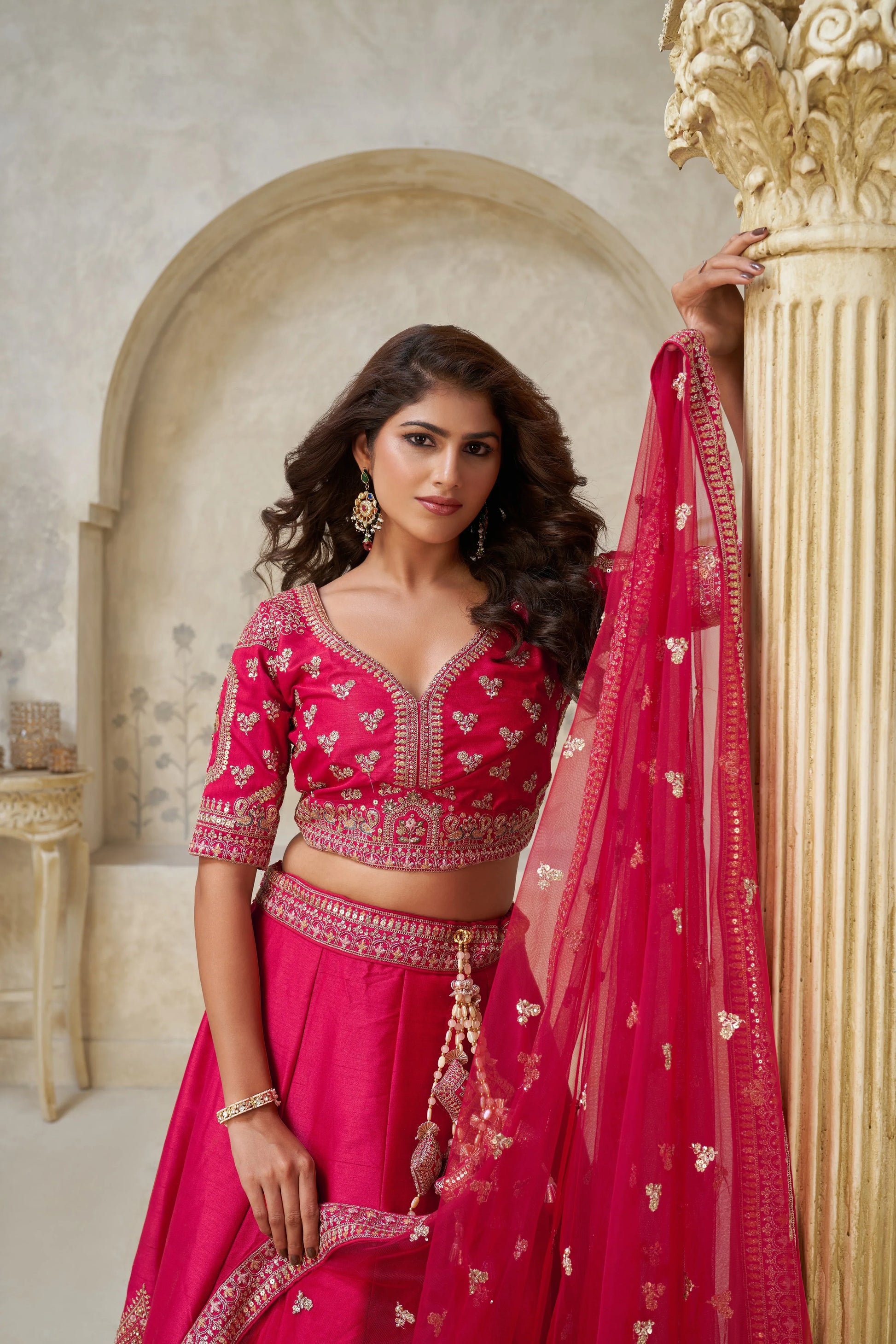 Pink Banarasi Silk Embroidered Lehenga - Kesar Fab