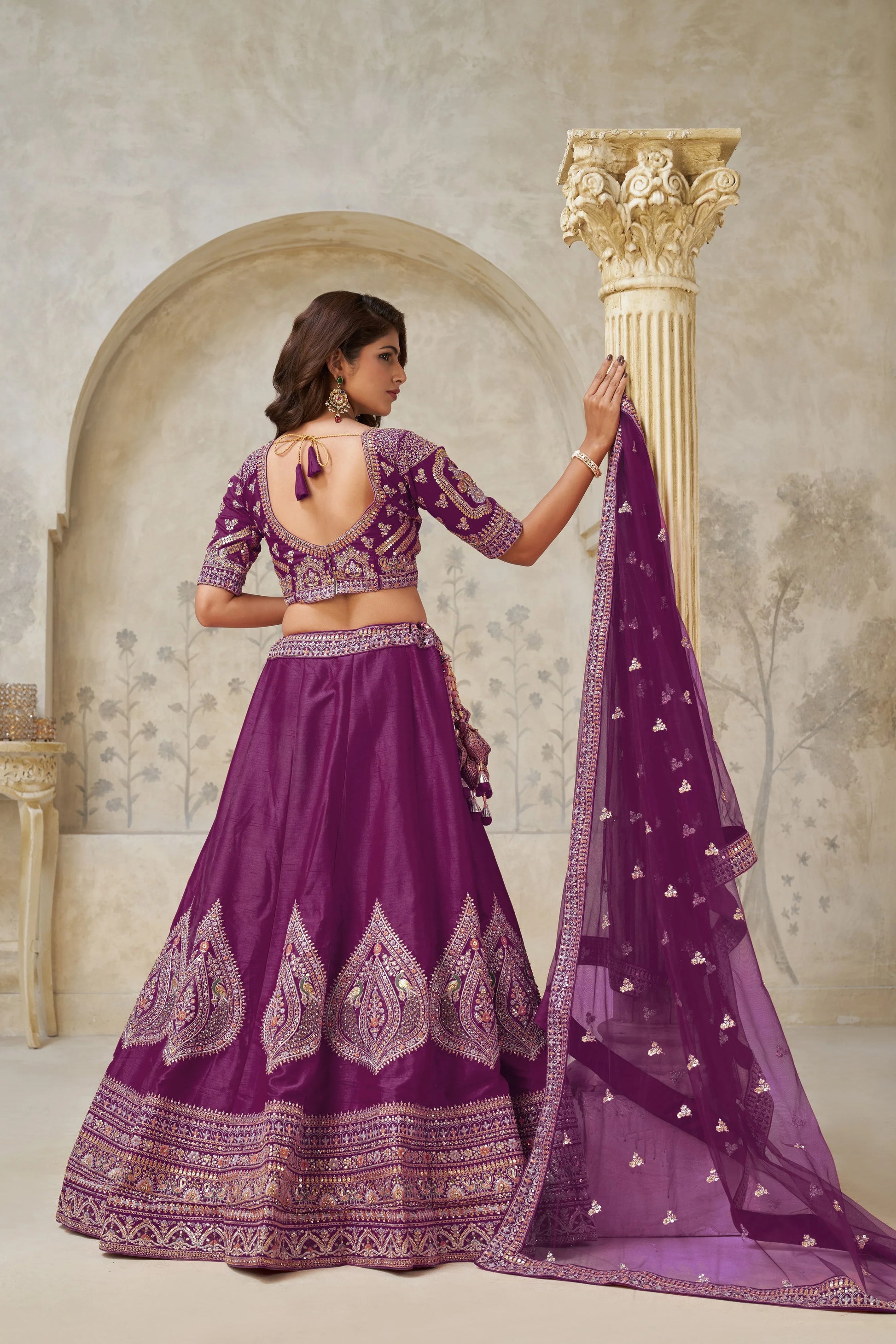 Wine Banarasi Silk Embroidered Lehenga - Kesar Fab