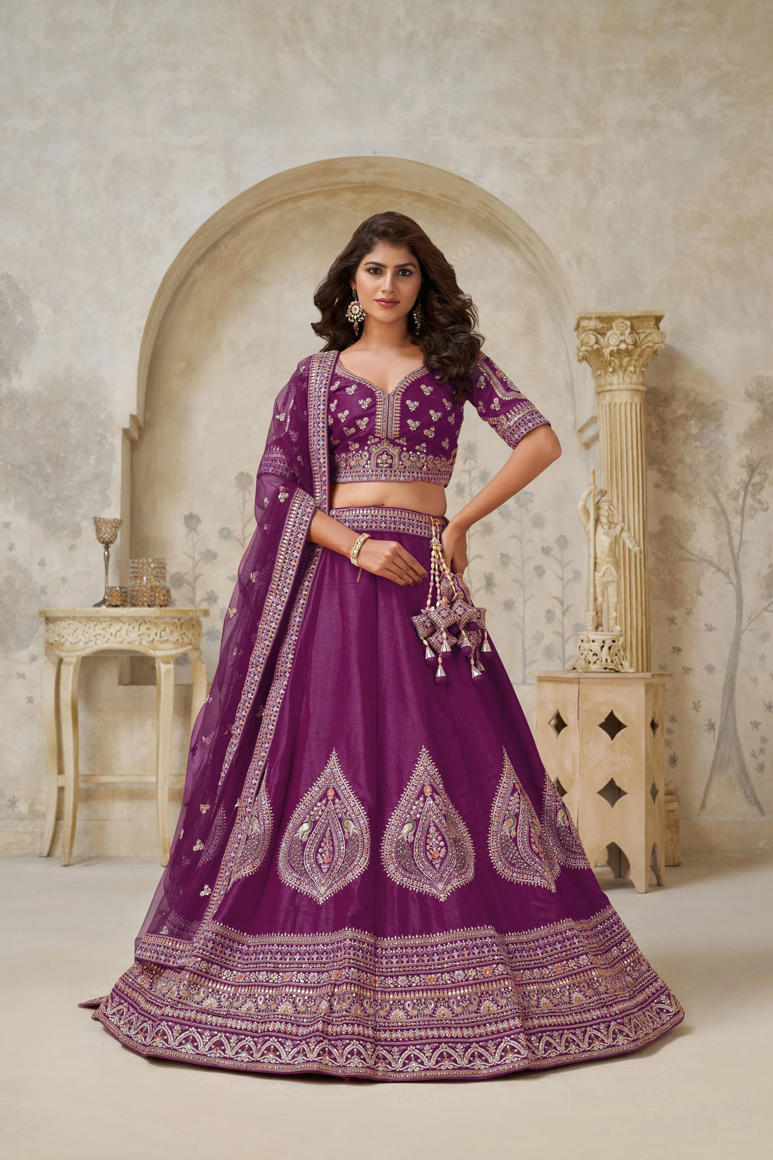 Wine Banarasi Silk Embroidered Lehenga - Kesar Fab