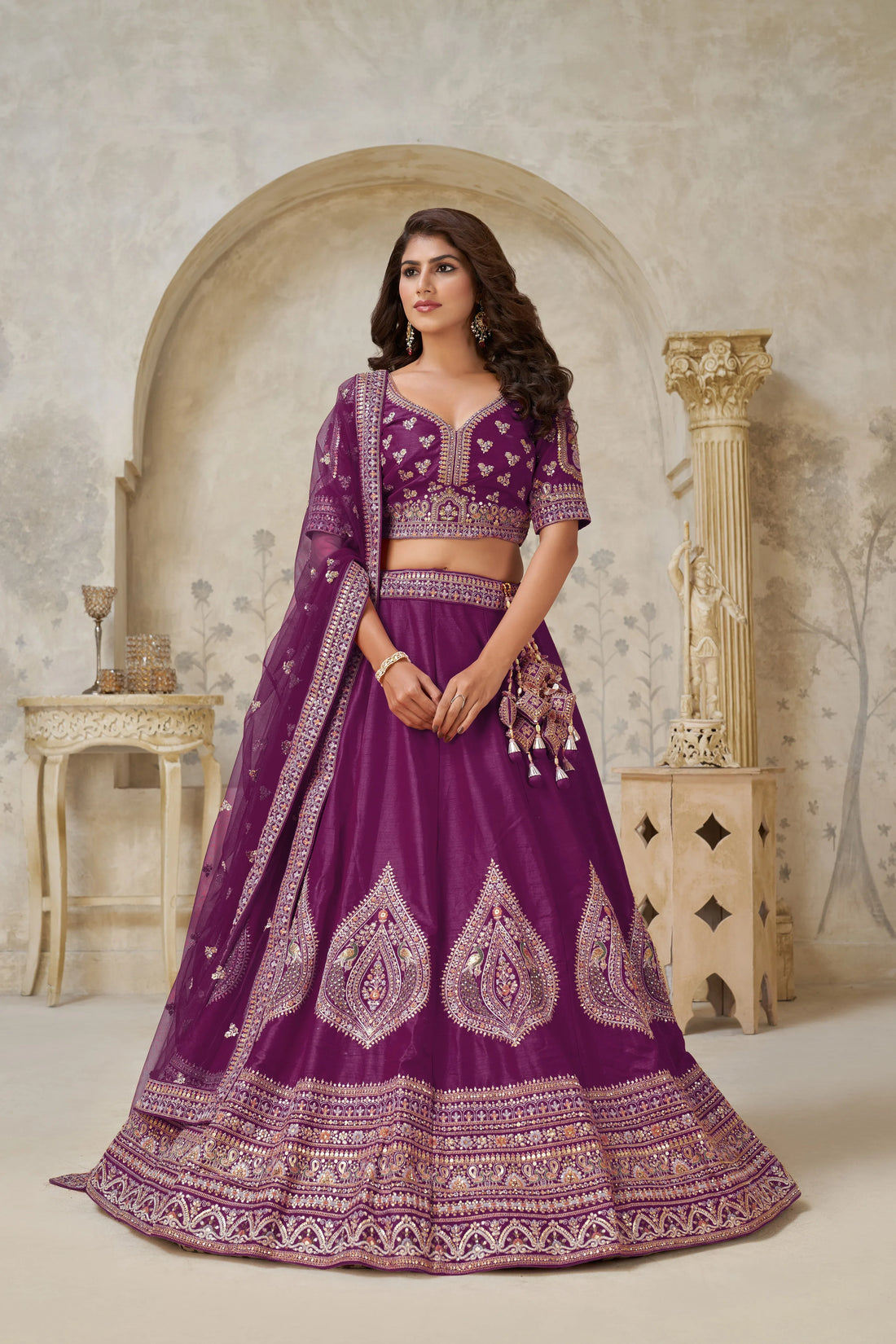 Wine Banarasi Silk Embroidered Lehenga - Kesar Fab