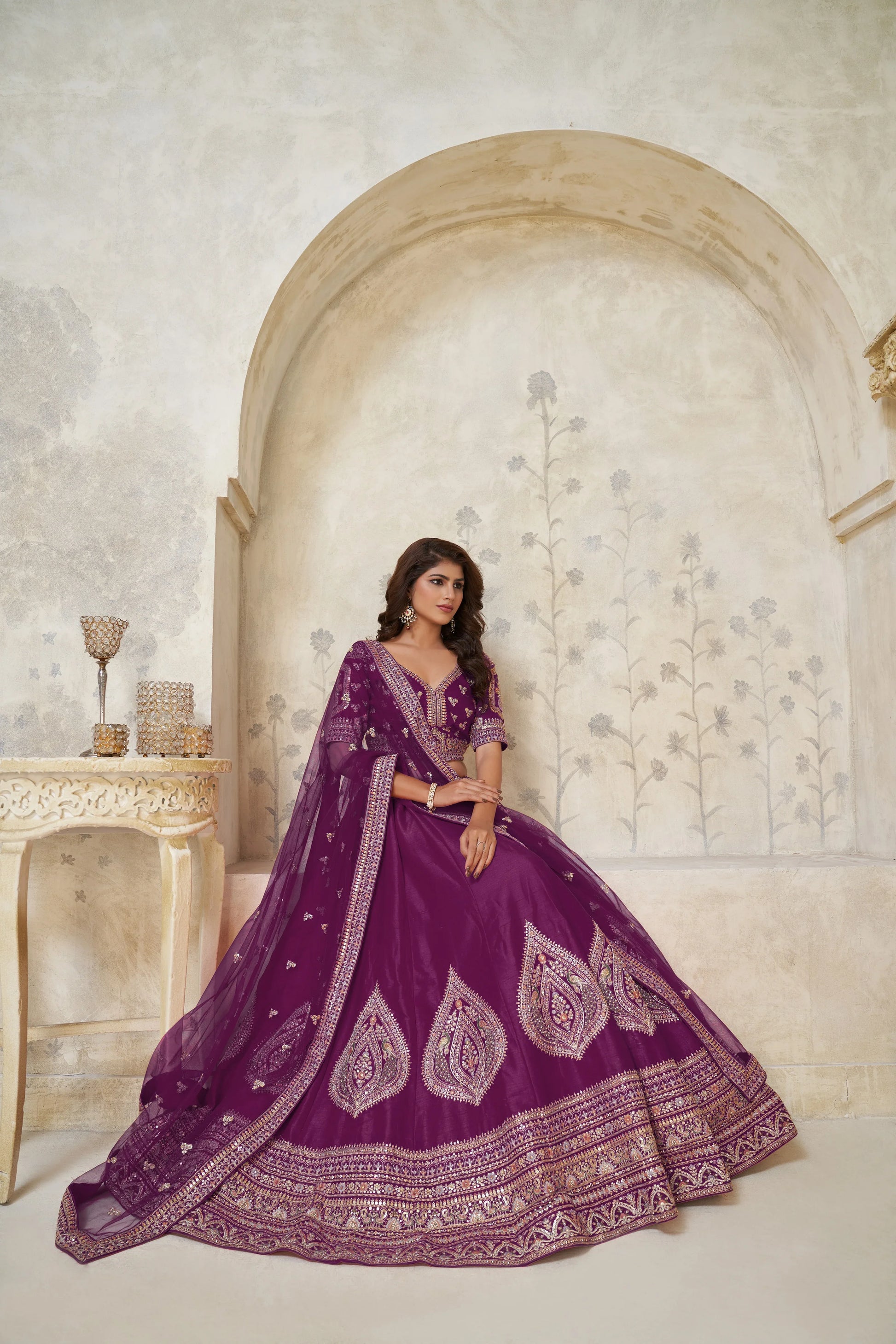 Wine Banarasi Silk Embroidered Lehenga - Kesar Fab