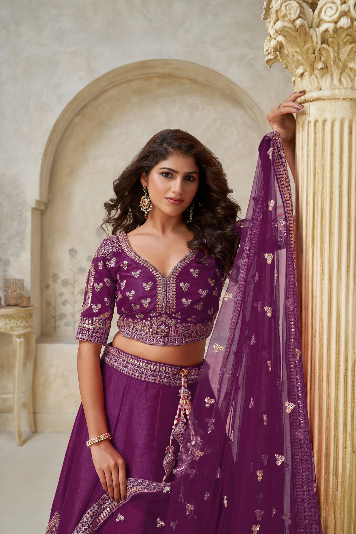 Wine Banarasi Silk Embroidered Lehenga - Kesar Fab