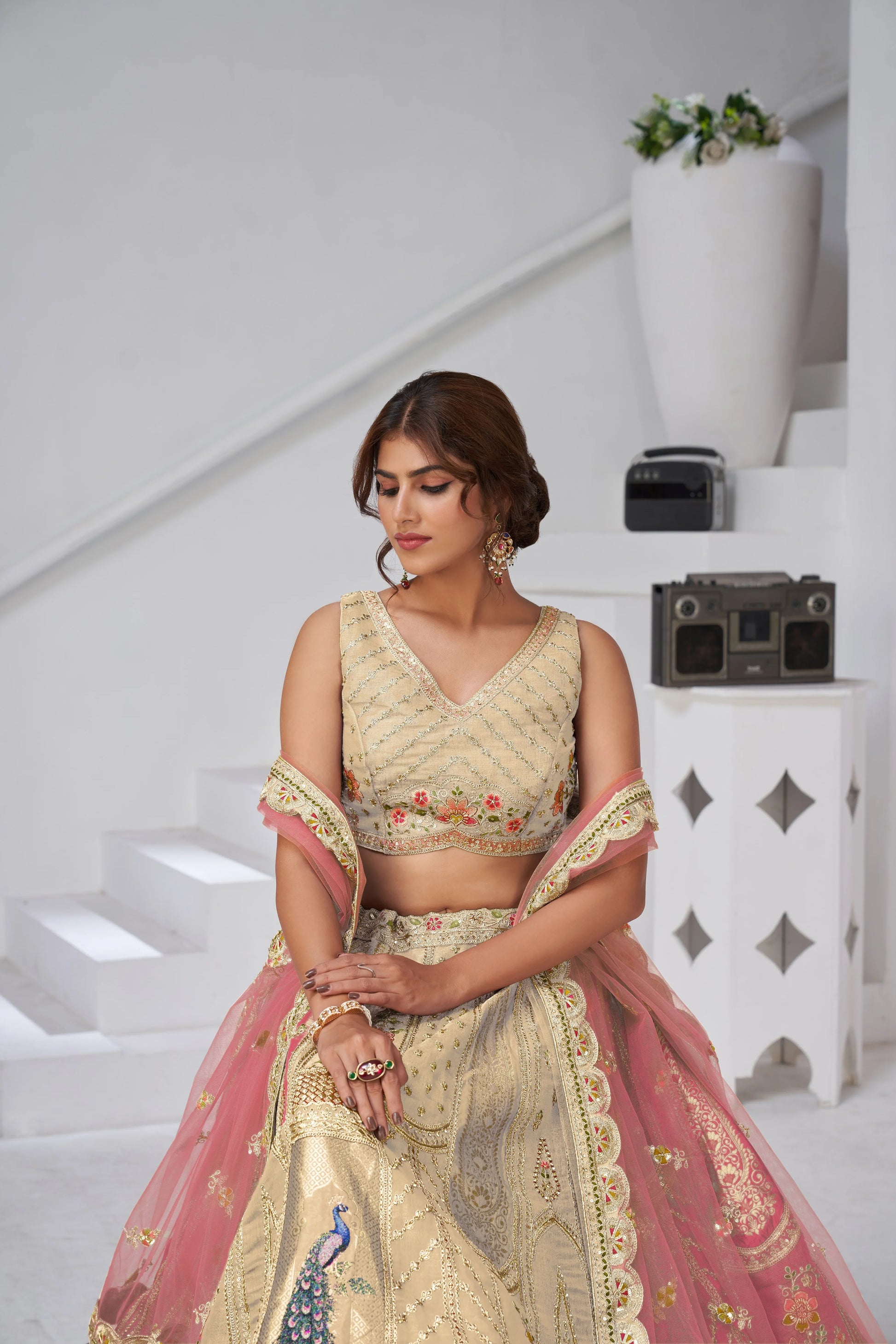 Classic Bridal Lehenga – Cream - Kesar Fab