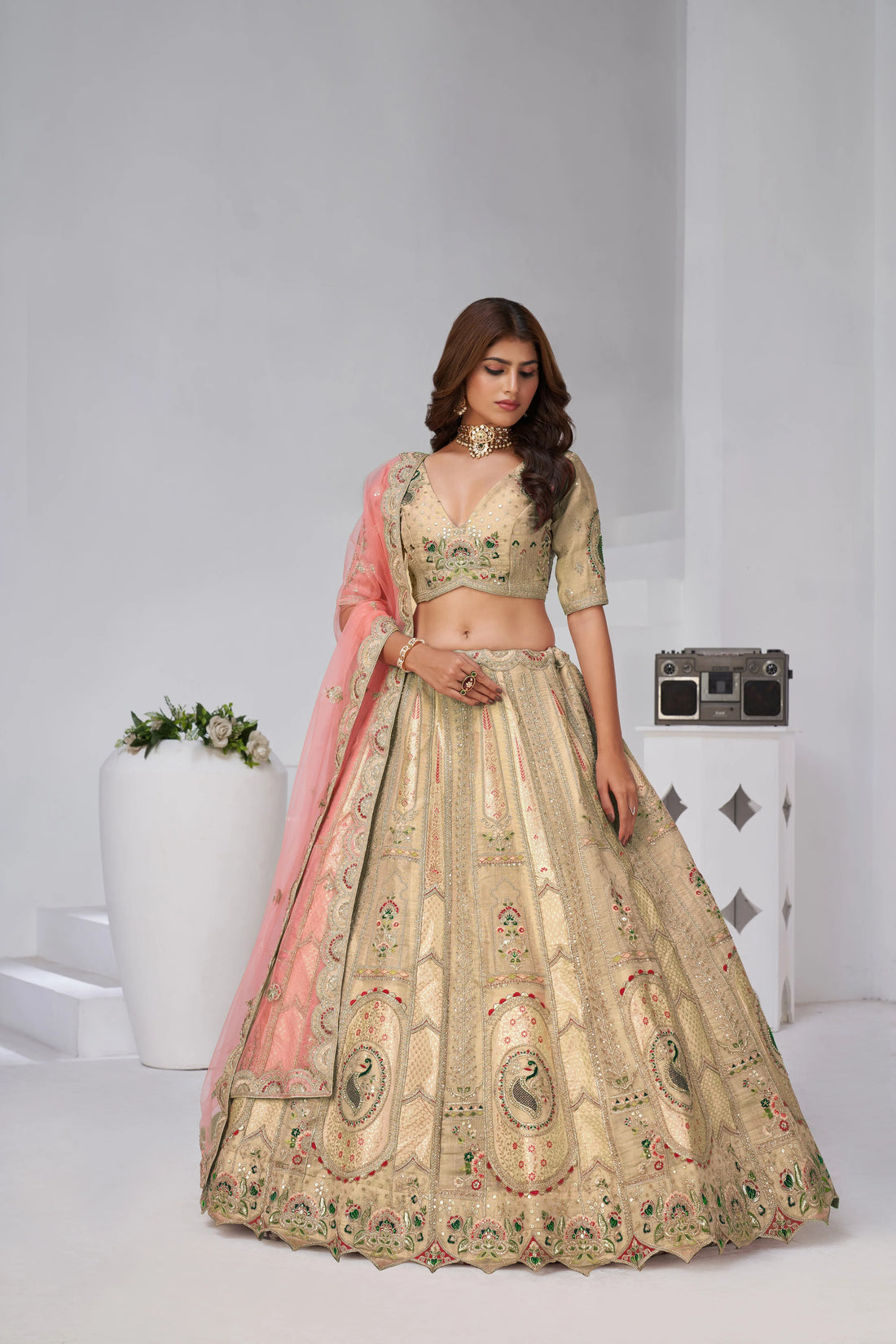 Cream - Banarasi Silk Embroidered Ready-to-Wear Lehenga Set - Kesar Fab