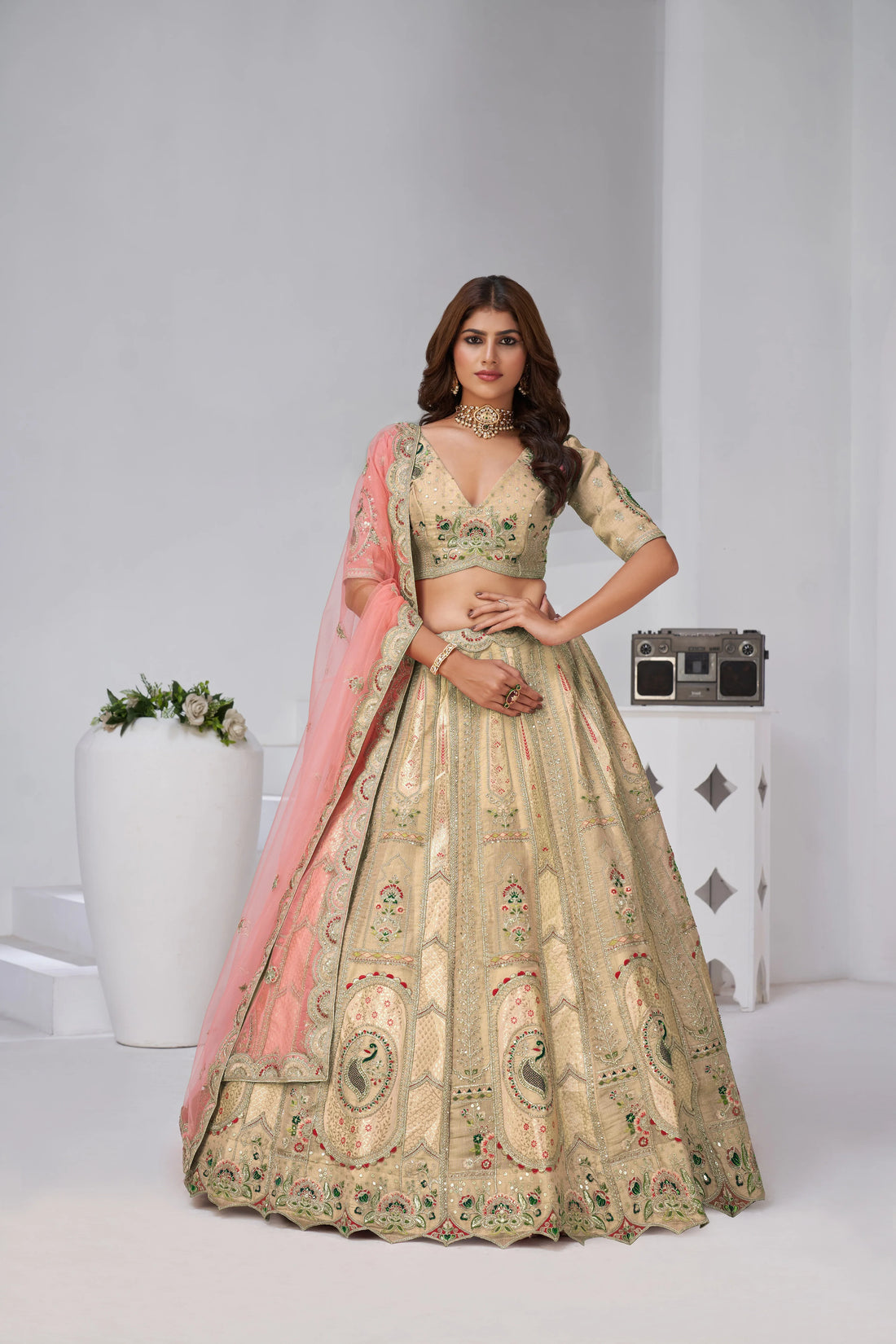Cream - Banarasi Silk Embroidered Ready-to-Wear Lehenga Set - Kesar Fab