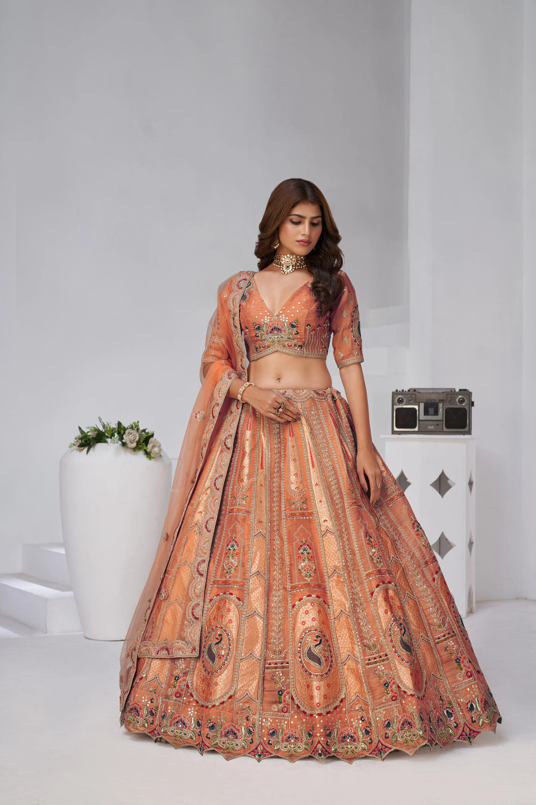 Rust - Banarasi Silk Embroidered Ready-to-Wear Lehenga Set - Kesar Fab