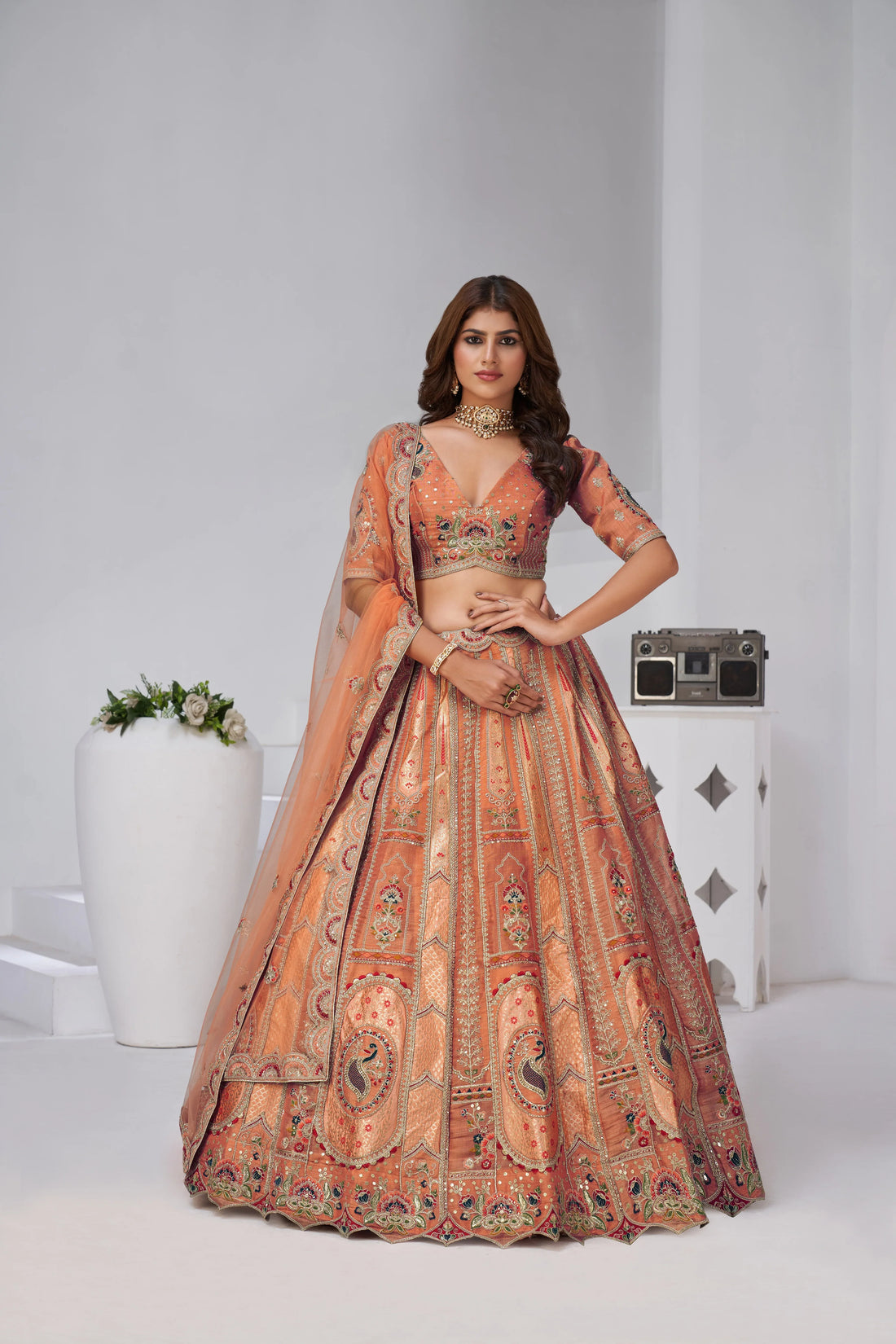 Rust - Banarasi Silk Embroidered Ready-to-Wear Lehenga Set - Kesar Fab