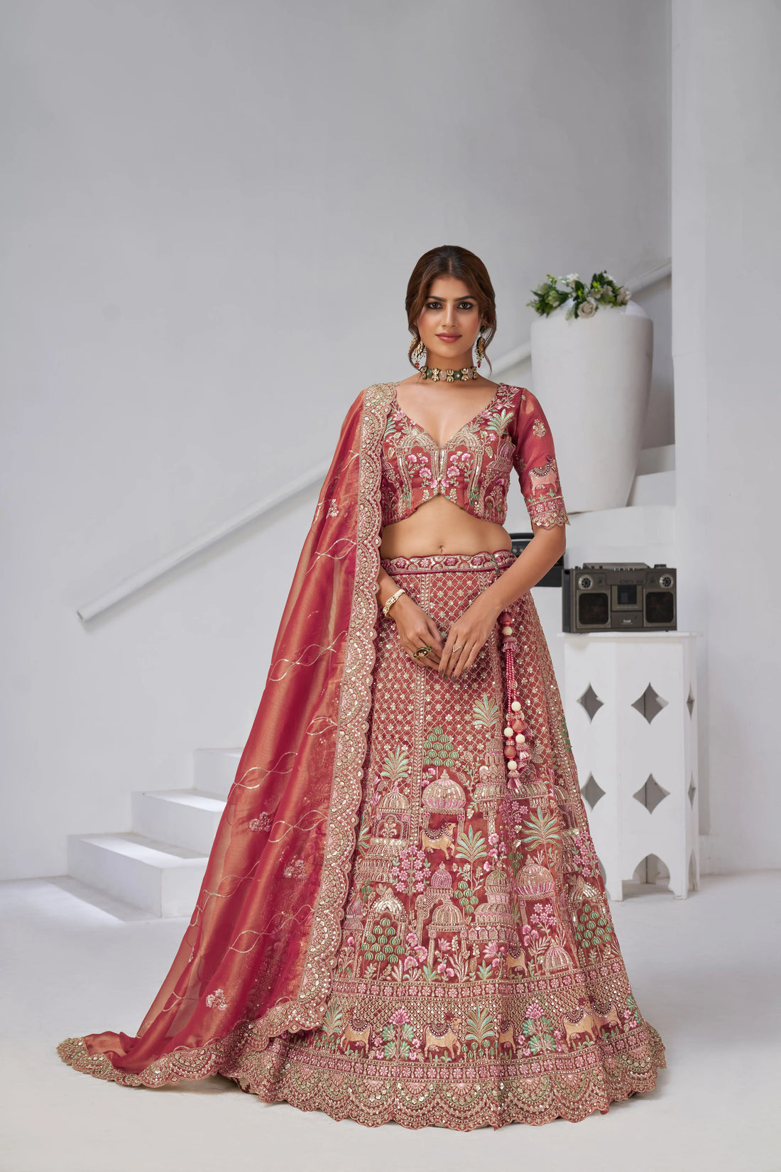 Pink - Tissue Beads & Sequin Embroidered Lehenga Set - Kesar Fab