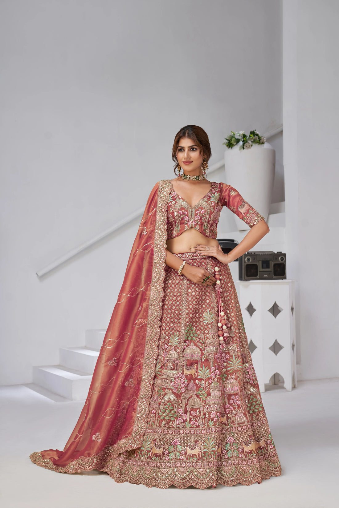 Pink - Tissue Beads & Sequin Embroidered Lehenga Set - Kesar Fab
