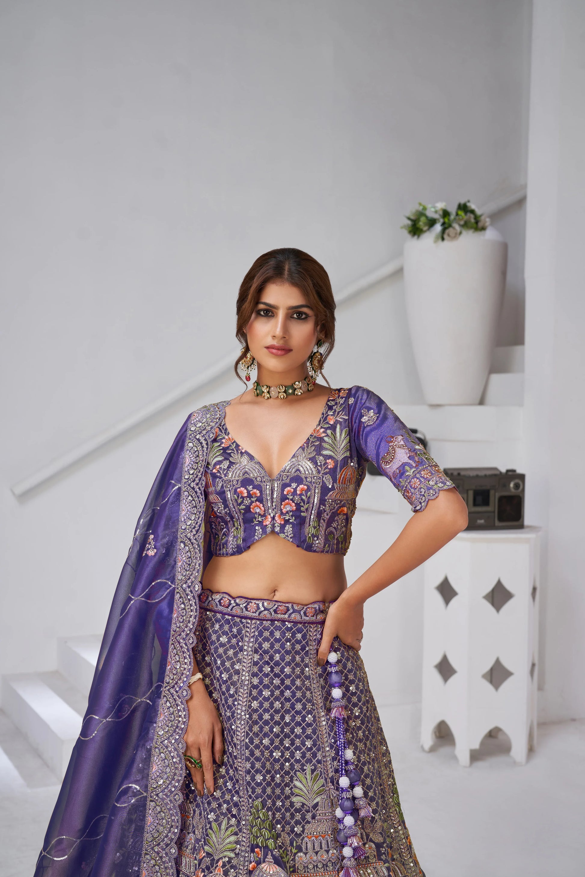 Purple - Tissue Beads & Sequin Embroidered Lehenga Set - Kesar Fab