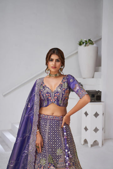 Purple - Tissue Beads & Sequin Embroidered Lehenga Set - Kesar Fab