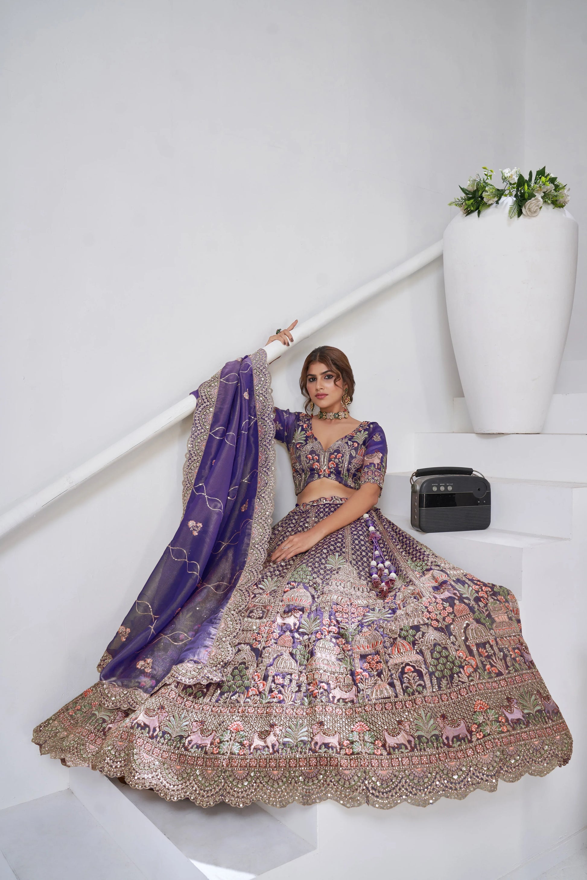 Purple - Tissue Beads & Sequin Embroidered Lehenga Set - Kesar Fab
