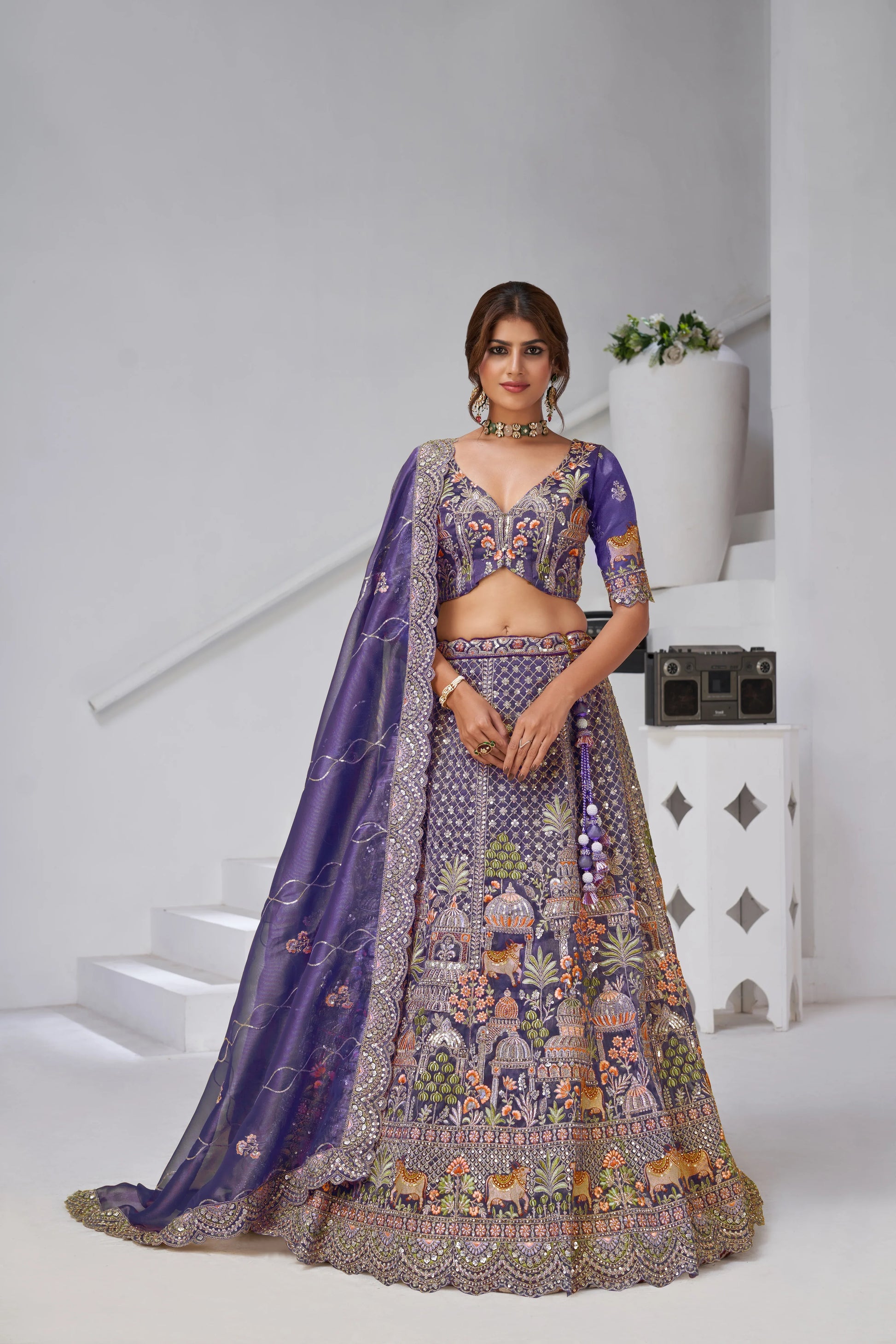 Purple - Tissue Beads & Sequin Embroidered Lehenga Set - Kesar Fab