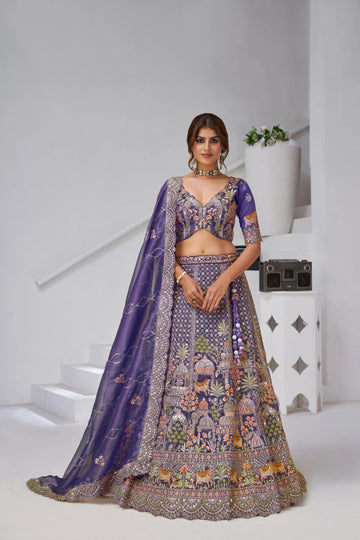 Purple - Tissue Beads & Sequin Embroidered Lehenga Set - Kesar Fab