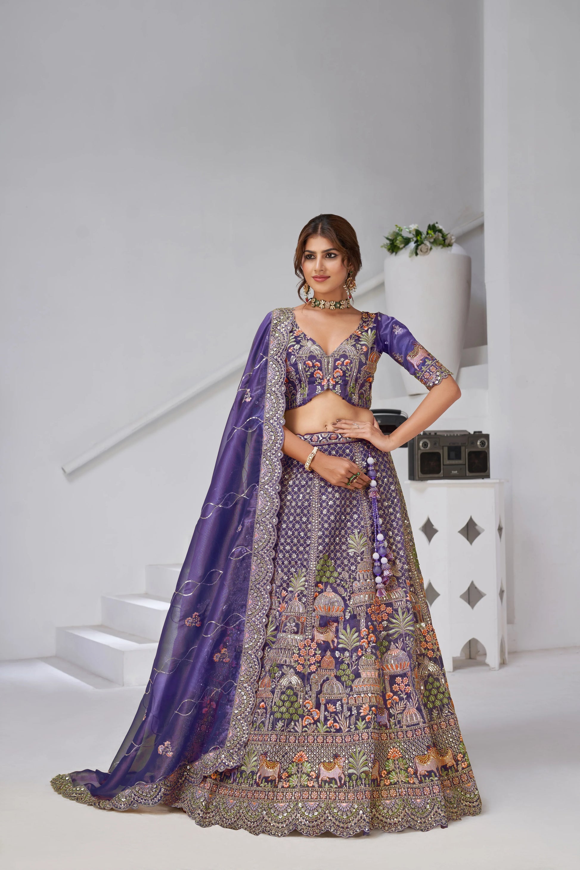 Purple - Tissue Beads & Sequin Embroidered Lehenga Set - Kesar Fab