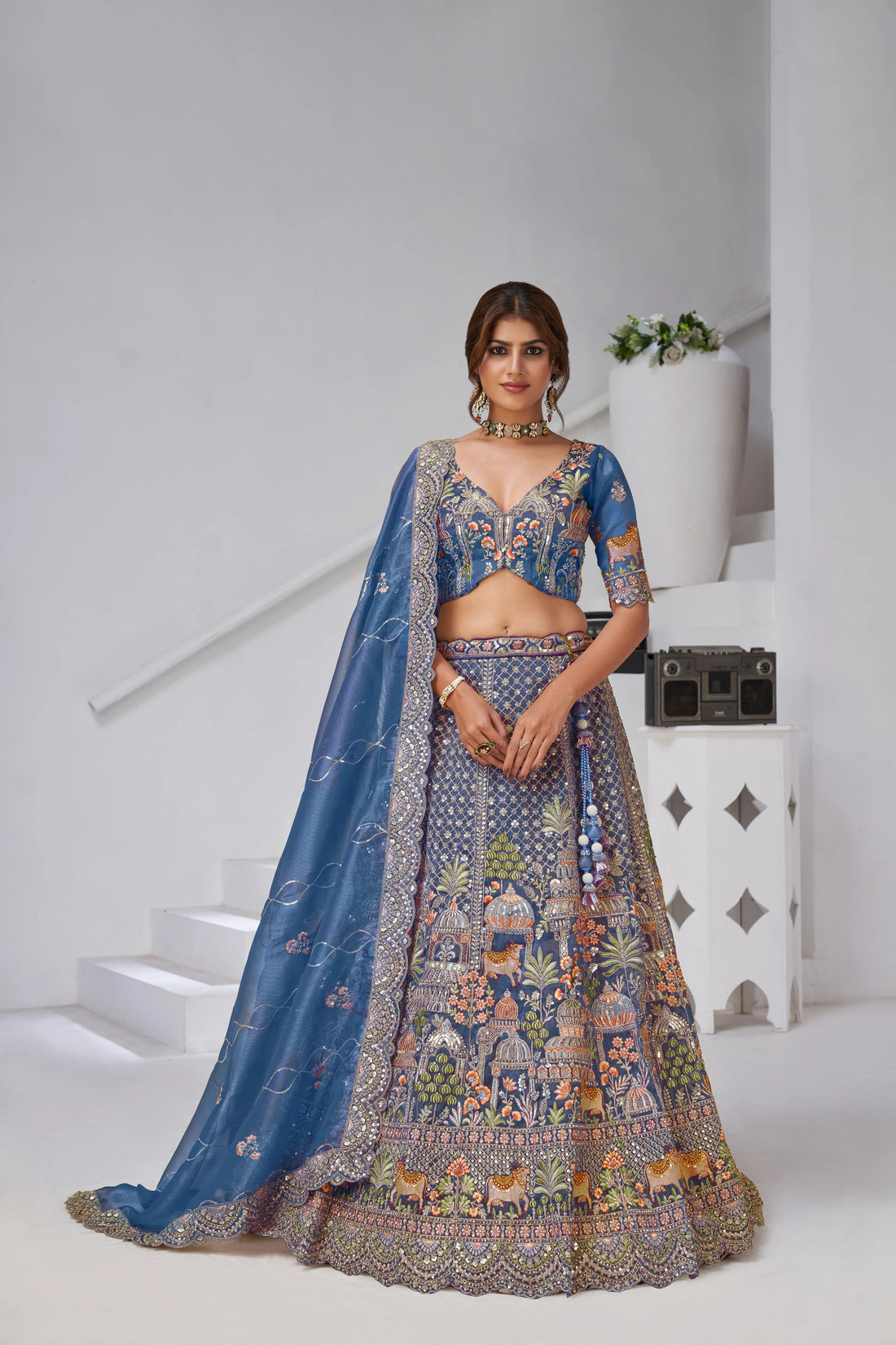 Teal blue - Tissue Beads & Sequin Embroidered Lehenga - Kesar Fab