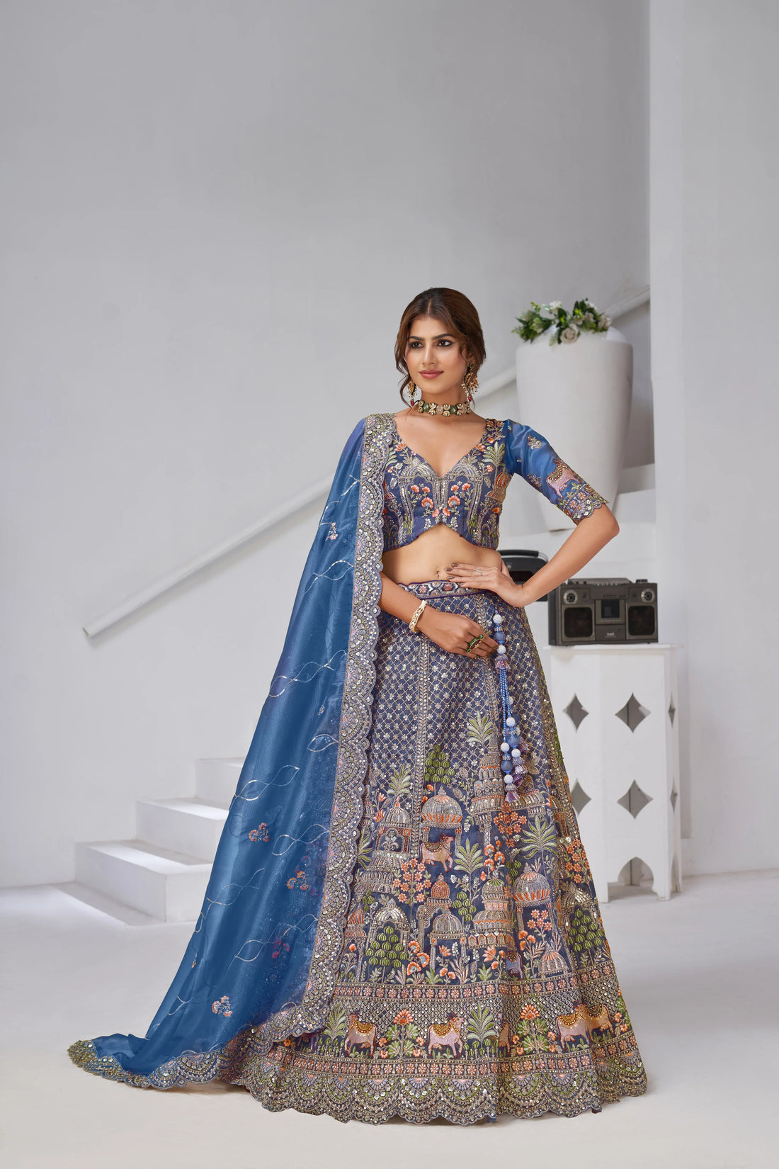 Teal blue - Tissue Beads & Sequin Embroidered Lehenga - Kesar Fab