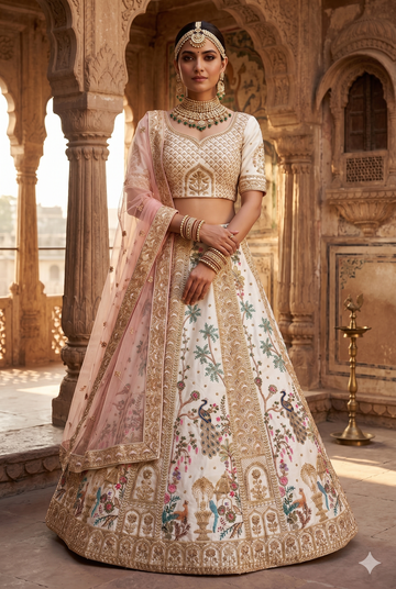 Elegant Cream Raw Silk Bridal Lehenga with Delicate Beads Embroidery