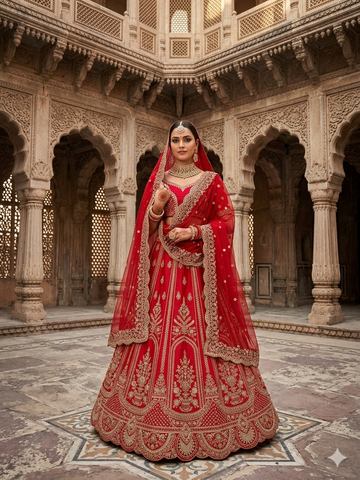 Bridal Red Raw Silk Lehenga with intricate work of beads