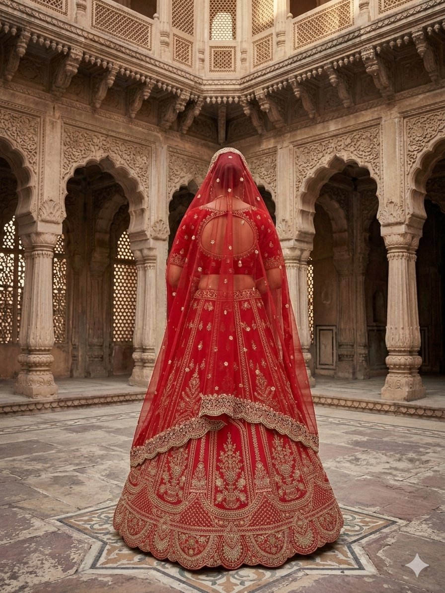 Bridal Red Raw Silk Lehenga with intricate work of beads