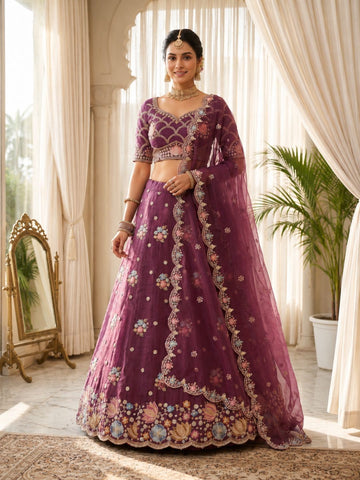 Wine Floral Embroidered Semi-Stitched Lehenga & Unstitched Blouse With Dupatta
