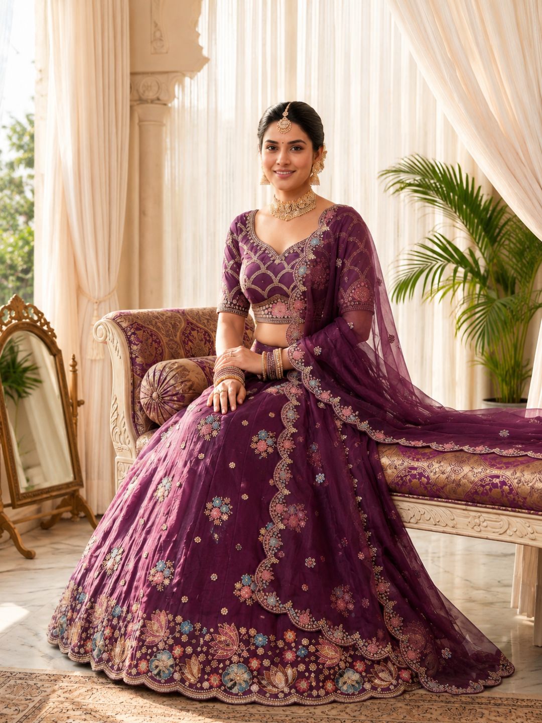 Wine Floral Embroidered Semi-Stitched Lehenga & Unstitched Blouse With Dupatta