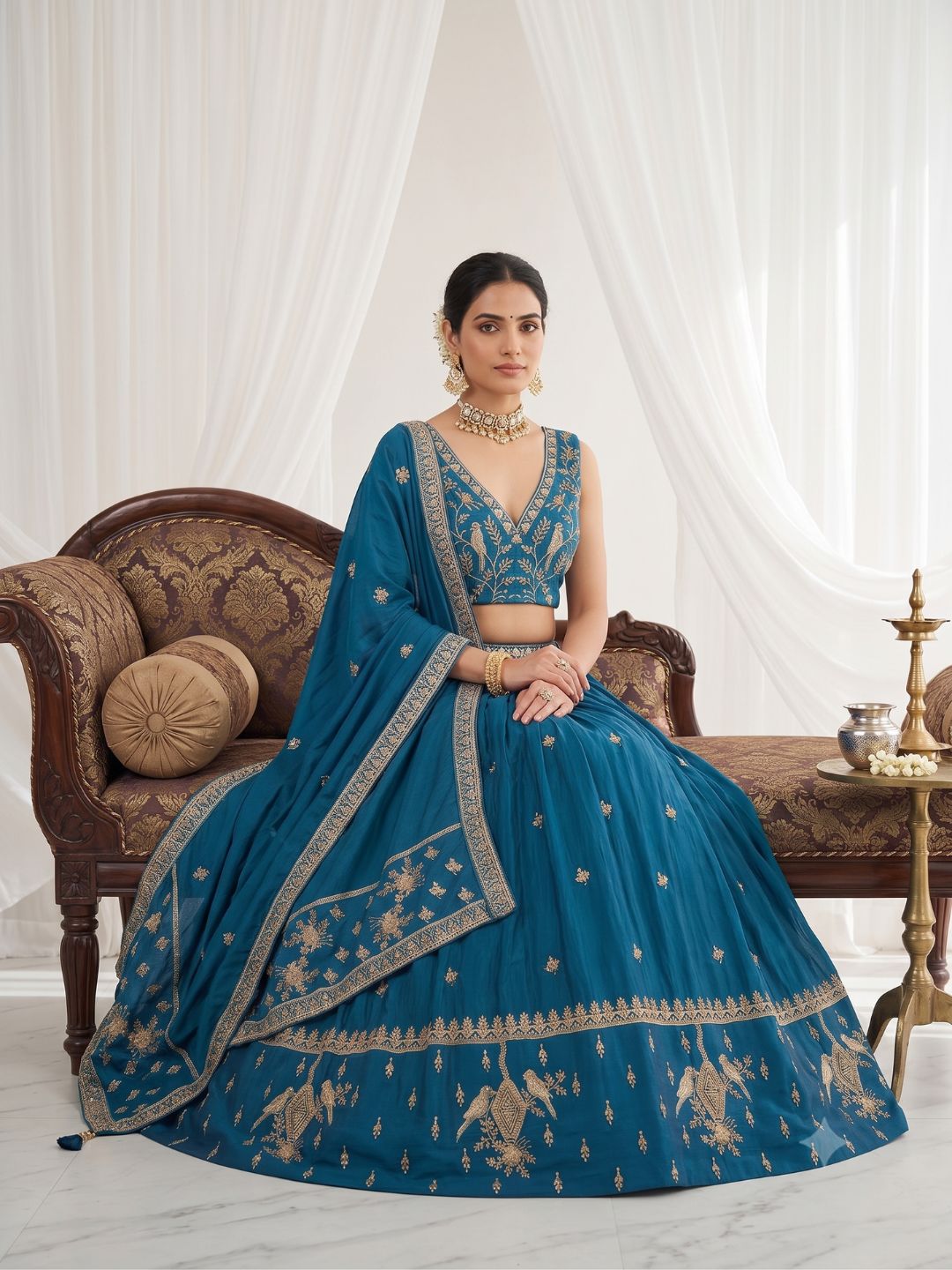 Blue Beads work Semi-Stitched Lehenga & Unstitched Blouse With Dupatta